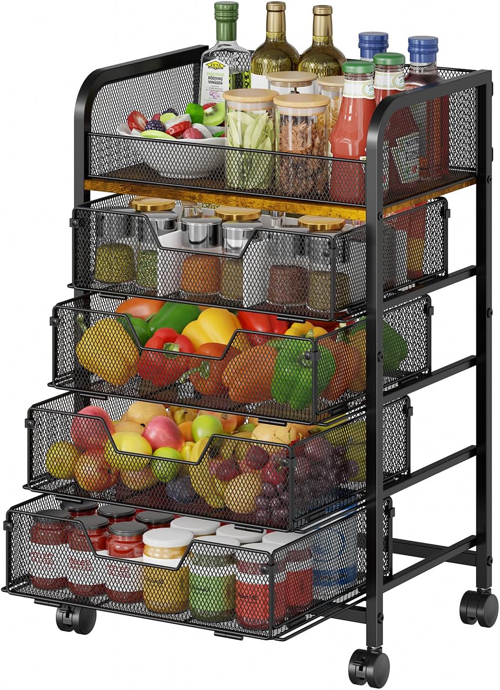 5-Tier Rolling Kitchen Cart with Drawers - Kitchen Storage Cart on Wheels,Pantry Snack Cart,Fruit and Vegetable Storage Cart with Wood Top,Rolling Utility Cart for Potato and Onion Storage