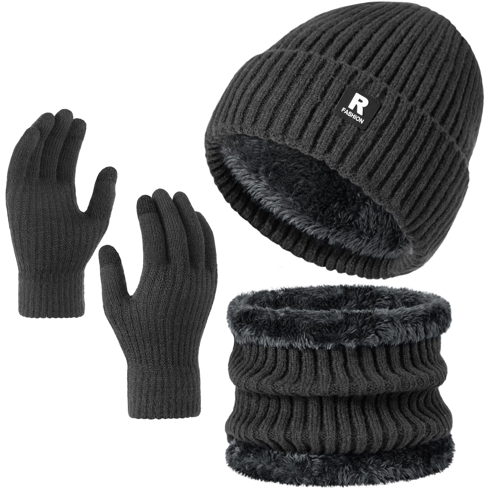 Winter Beanie Hat Scarf Gloves Set for Men Women, Slouchy Winter Clothes Mens Hats Neck Warmer Touchscreen Gloves