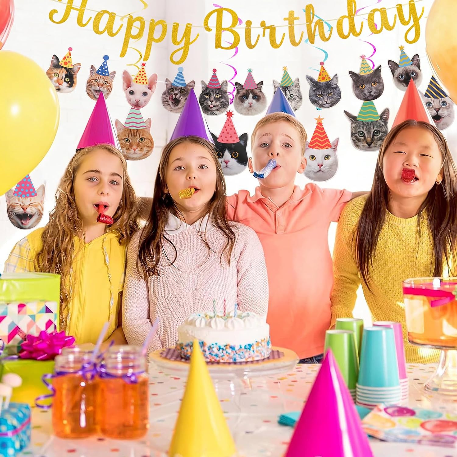 Aprince Cat Birthday Decorations Happy Birthday Banner and Cat Themed Hanging Swirls for Backdrop Funny Party Favors Decor for Cats Lovers and Pets