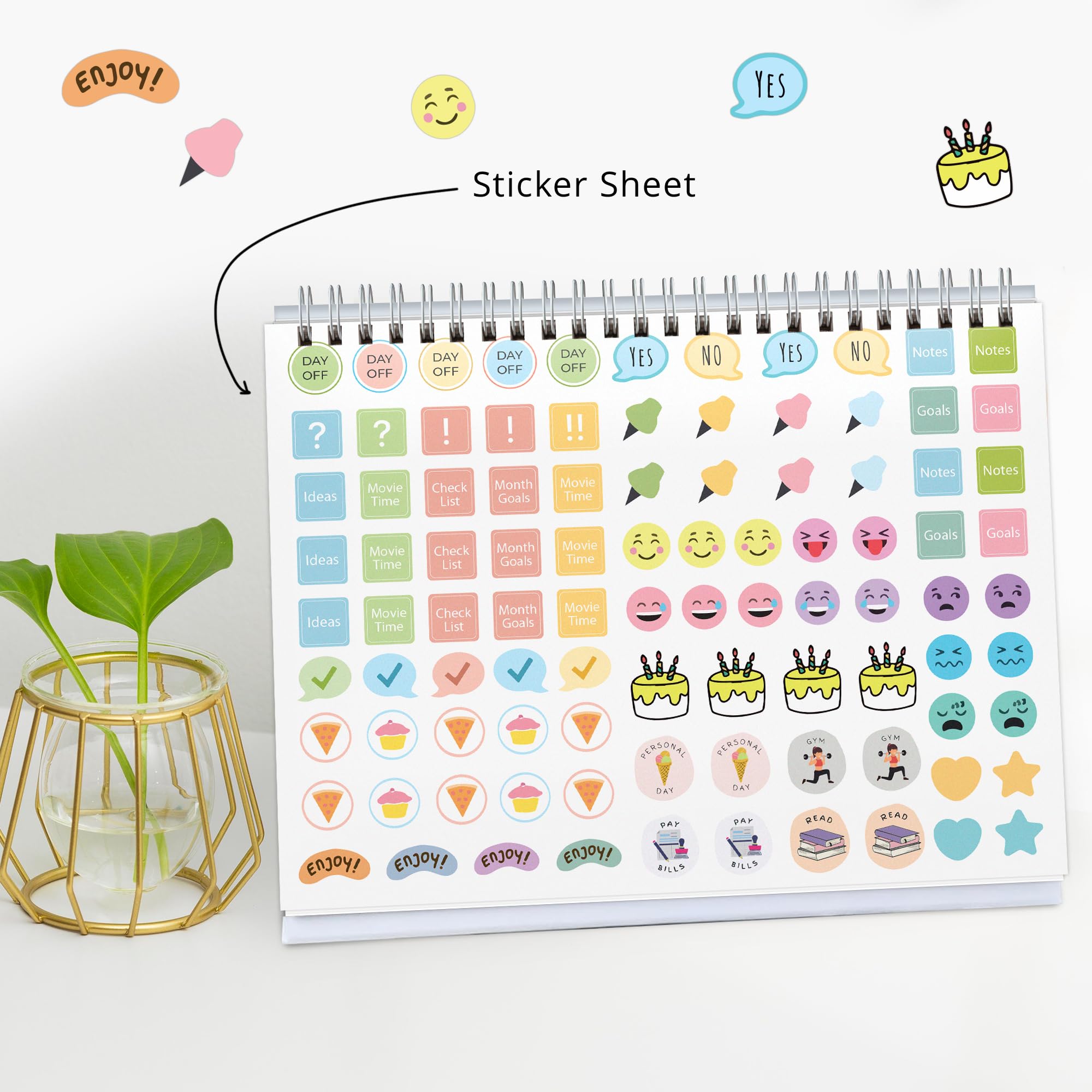 Papboo Ästhetischer Tischkalender 2025, 12 Monate, mit To-Do-Liste, Planer und Aufkleberbogen, inklusive Notizbereich, 220 g/m², weißer Spiralbindung, 15,2 x 20,3 cm (Farbrad)