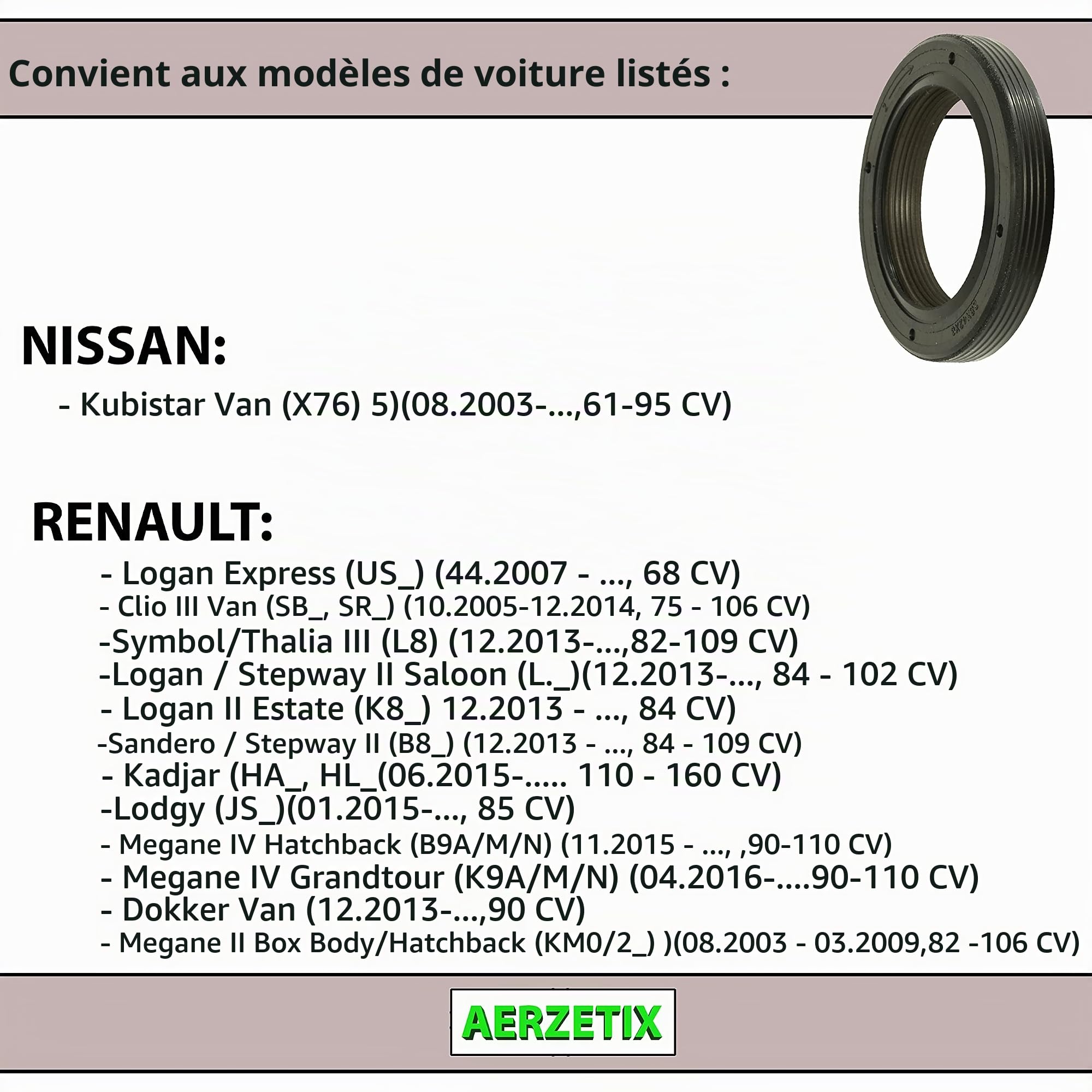 AERZETIX - C66157 - Joint SPI d'arbre à cames - côté de montage: frontal - compatible avec 7701471376, 7701474149, 6079970446, 1300100QAC