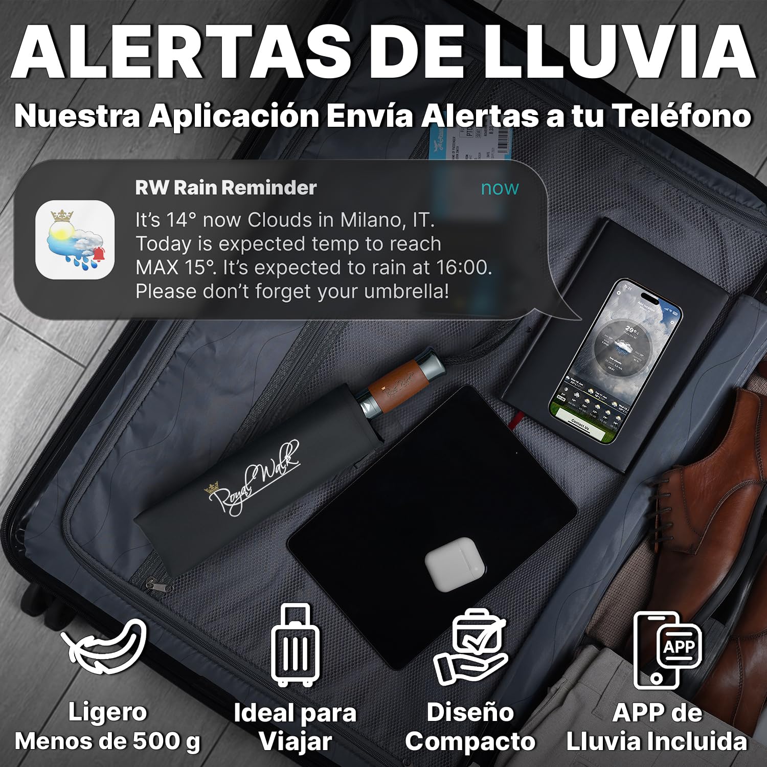 Royal Walk Paraguas de viaje plegable resistente al viento, compacto y fuerte, mango de madera auténtica, apertura automática, doble toldo ventilado para hombres y mujeres, Black, L, Moderno