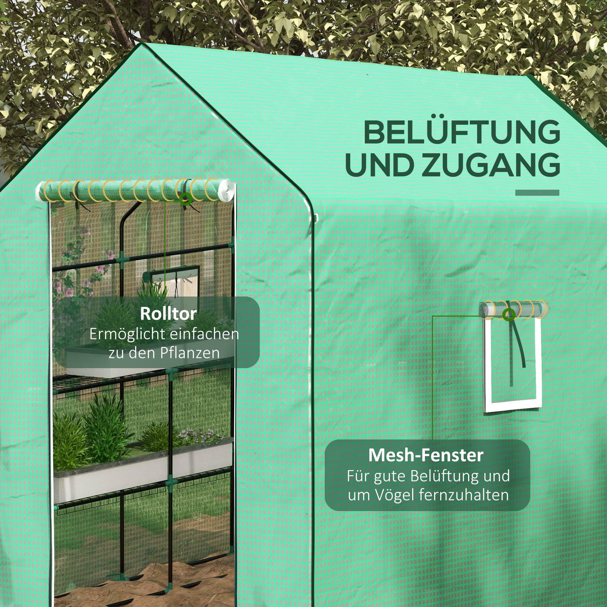 Outsunny Ersatzfolie Ersatzabdeckung mit Rolltür, Gewächshausfolie mit UV-Schutz, Seitenfenster, PE-Folie für Tunnelgewächshaus, Grün NUR Folie 140 x 213 x 190 cm