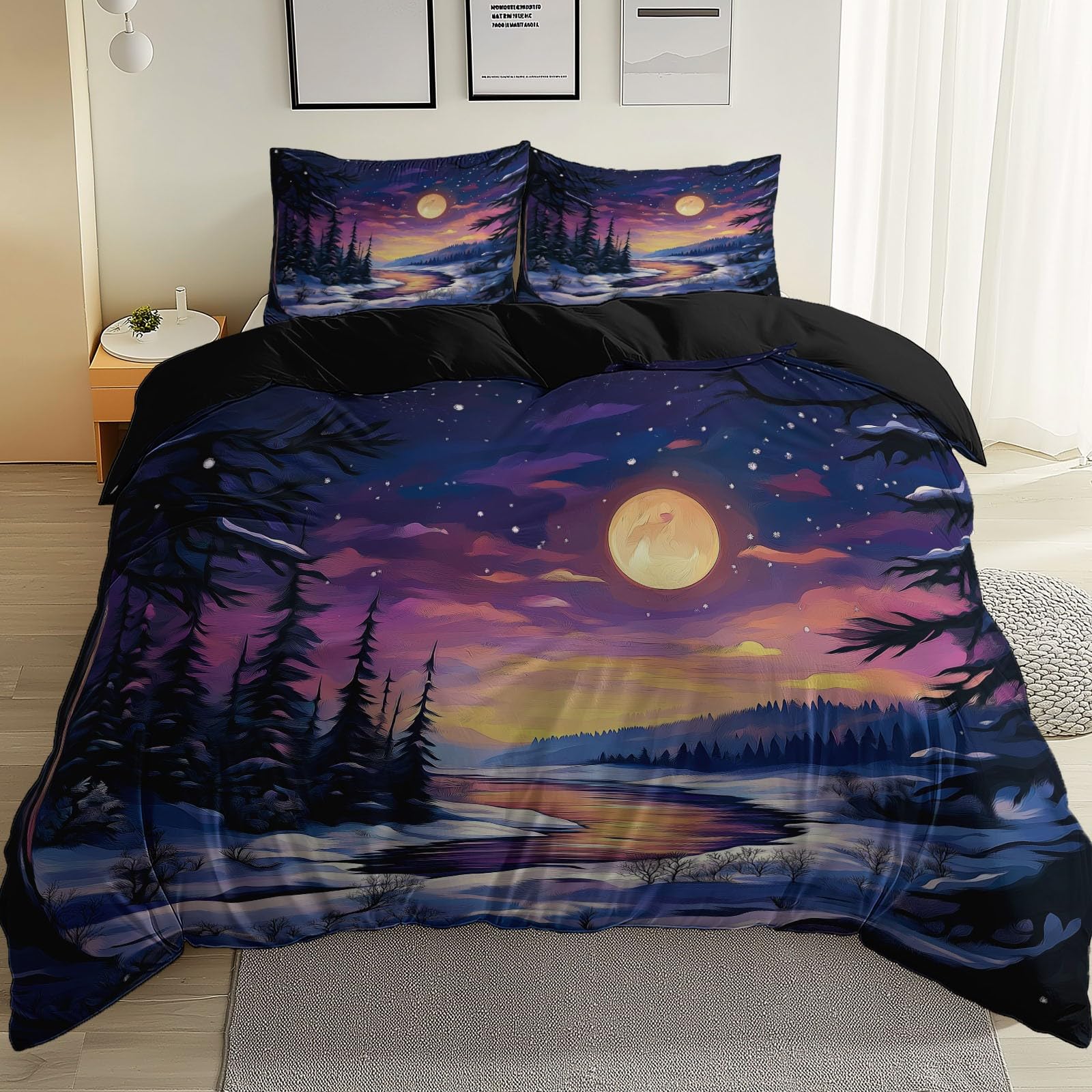 Housse de couette noir 240 x 260 cm, parure de lit 3 pièces microfibre motif rivière et forêt