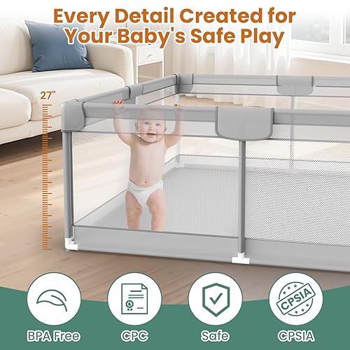 Miniatura 5 de Omzer Corralito para bebés de 71 x 59 pulgadas, corralito súper grande para bebés y niños pequeños con 2 asas de tracción y 50 bolas oceánicas,