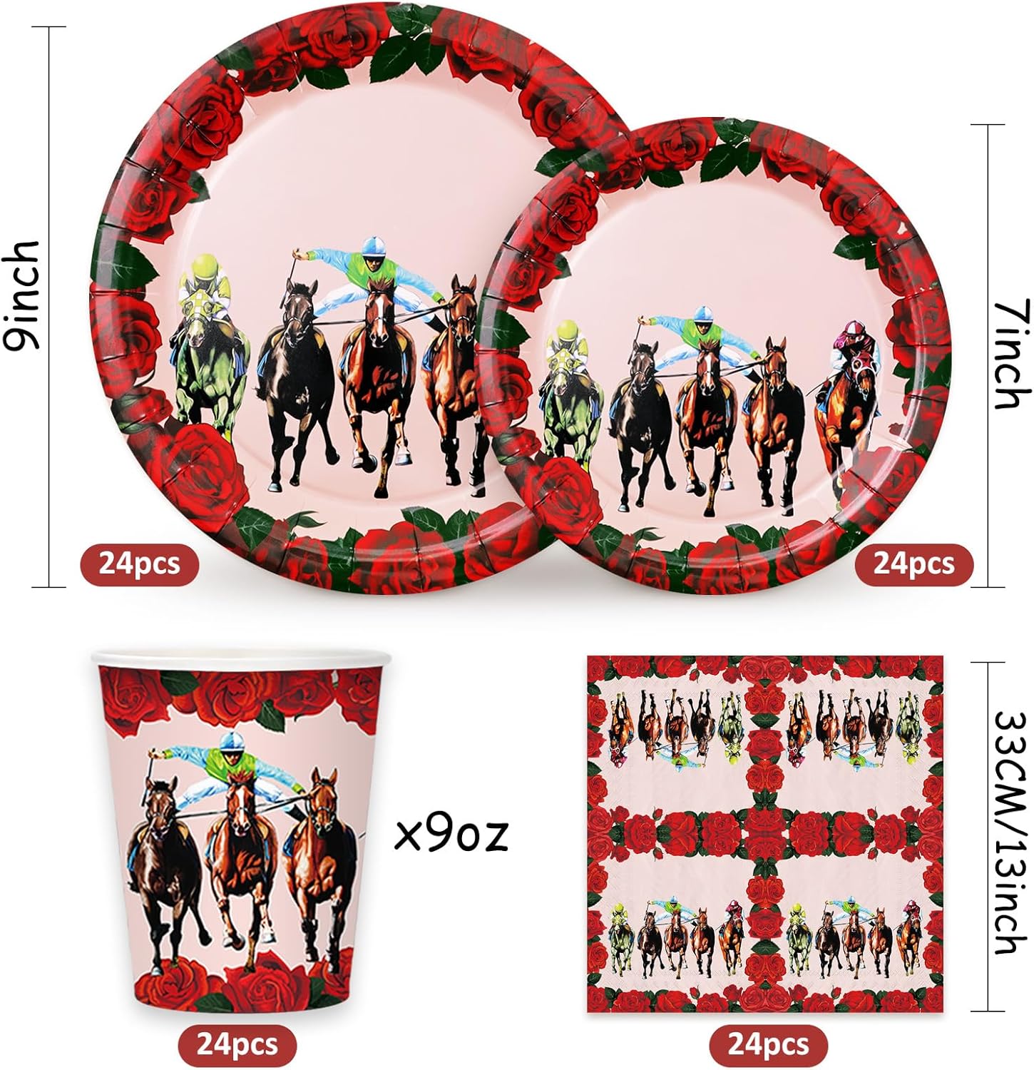 Whaline 96Pcs Derby Day Party Tableware Set with Paper Plates Napkins Cups Horsing Racing Derby Party Disposable Dinnerware Set for Horse Race Party Table Decor - Image 2