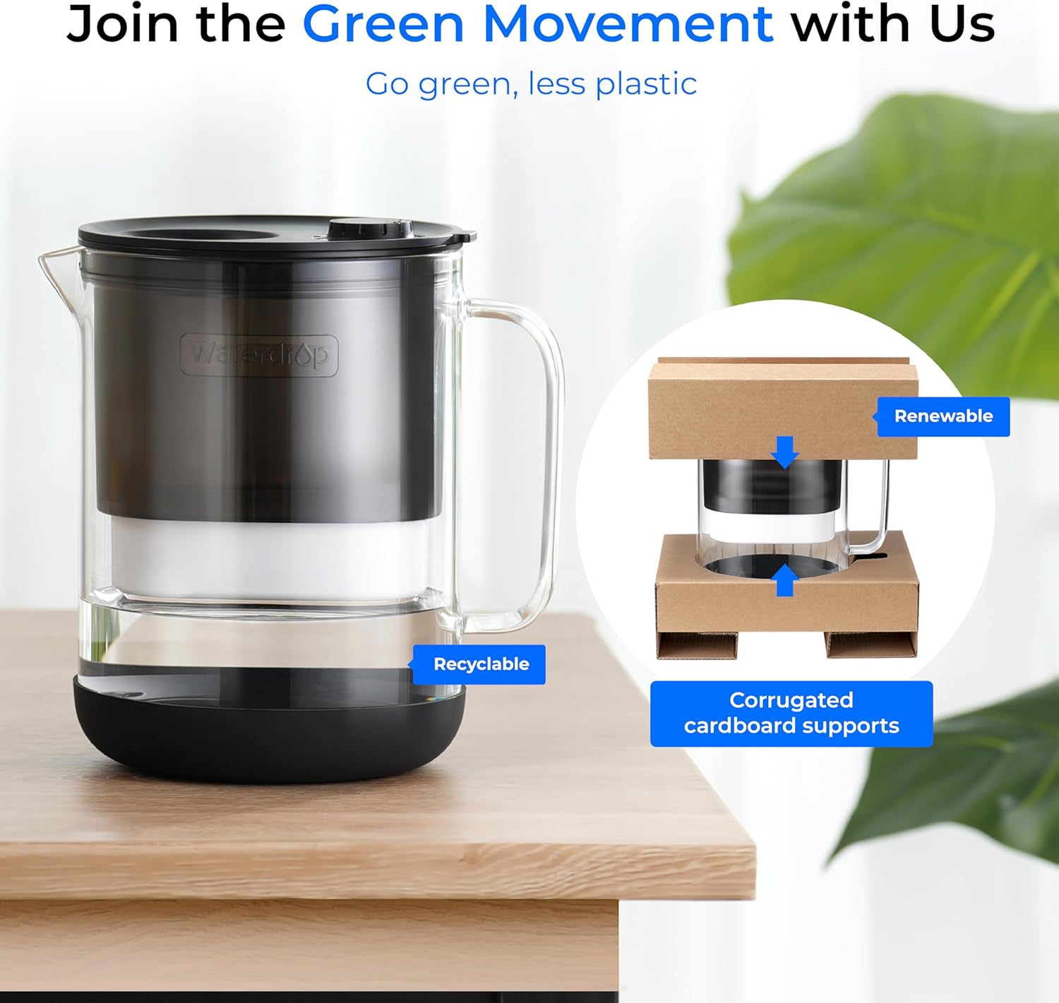 Waterdrop Glass Water Filter Pitcher, Eco-Friendly, with NSF 53&42&372 Certified Filter, Reduces PFAS, Chlorine, Cadmium, Copper, Mercury, and 1 Water Filter Pitcher, BPA Free