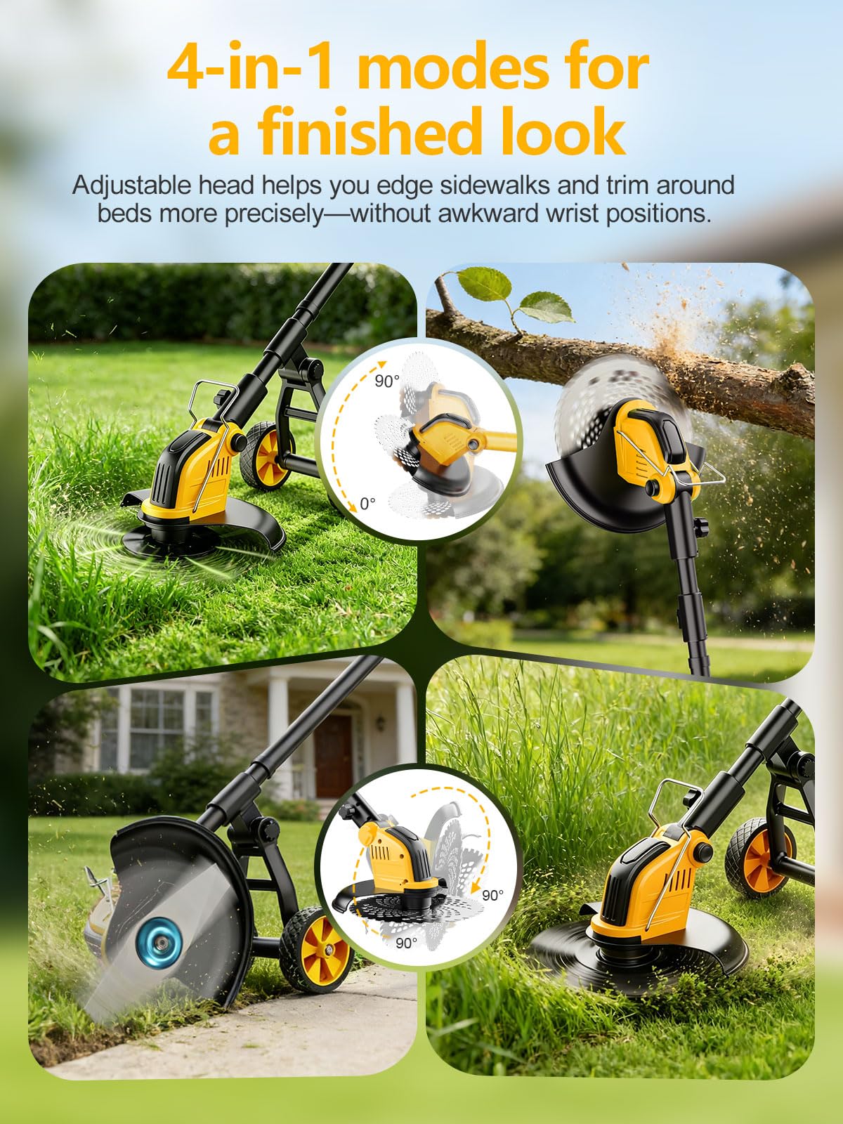 4 in 1 Akku Rasentrimmer mit Rädern,30CM Elektro Rasentrimmer mit 2 * 3000 mAh Batterie und Ladegerät,800W Bürstenloser Motor,21V Freischneider mit 4 Klingentypen für Gärten,Höfe und Gehwegkanten
