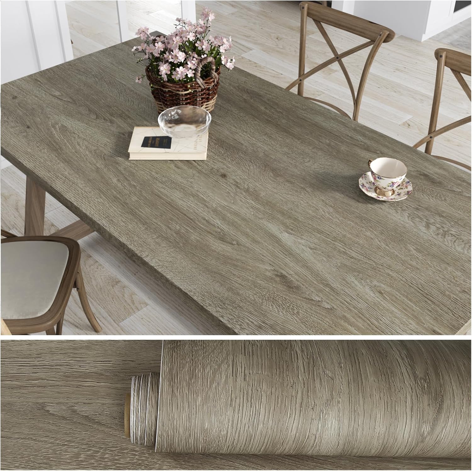 VEELIKE 15.7''x354'' Taupe Oak Wood Contact Paper for Countertops Waterproof Wood Grain Contact Paper Wood Wallpaper Peel and Stick for Cabinets Table Top Removable Adhesive Wood Vinyl Wallpaper