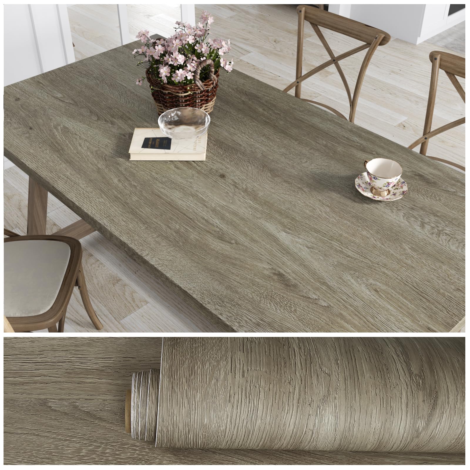 Papier contact en bois de chêne taupe 40x900 cm adhésif pour dessus de table