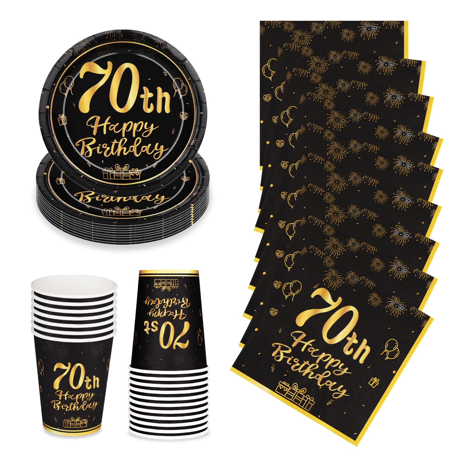 LAWALEISHE 70th Happy Birthday Party Plates Cups and Napkins, Black Gold 7" Disposable Strong Paper Plates and Cups, 72pcs Party Tableware Set 24 Guests, Birthday Supplies for Table Decorations