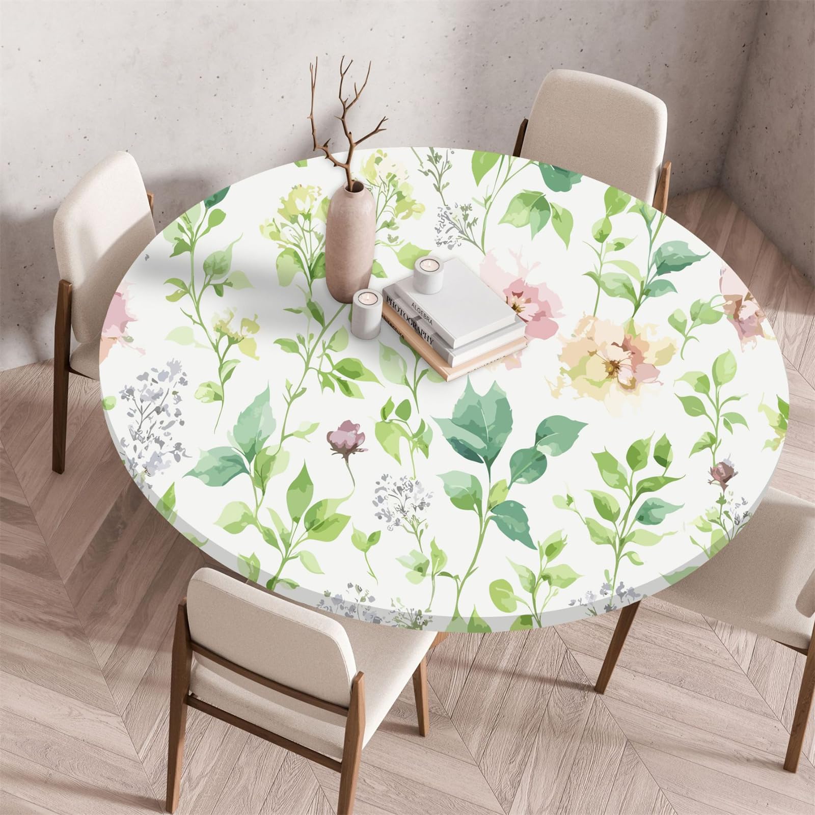 Muiuou Round Tablecloth, Flower Printing Waterproof Wipeable Table Cover Elastic Edge, Reusable Round Table Cover Cloth, Fitted Kitchen Restaurant Home Decoration (Diameter 110cm,Flower 19)