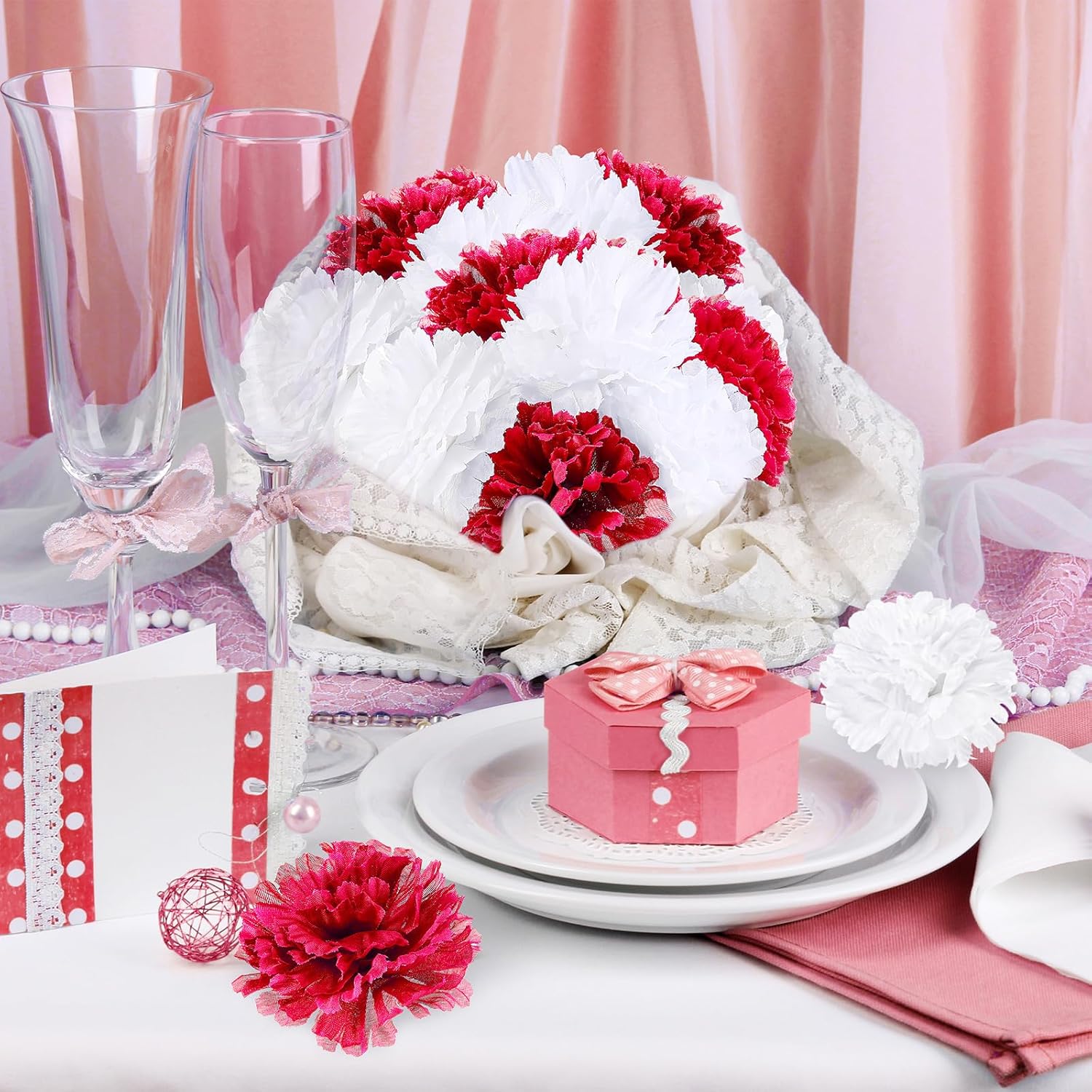 Tigeen 120 Pcs Silk Carnation Flower Artificial Carnations Fake Carnations Artificial Flowers Head for Wedding Decoration, DIY, Funeral Arrangements Wreaths Diameter 3.5'' and 6'' Stem (Red, White)
