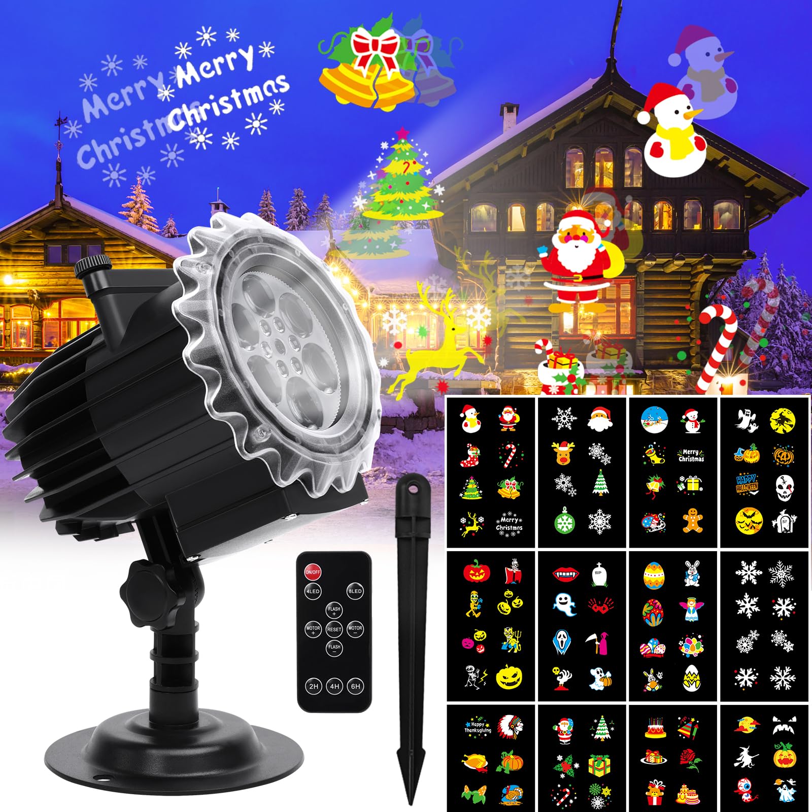 Projektor Weihnachten, LED Projektor Weihnachten Aussen Halloween Outdoor Schneeflocken Projektionslampe Effektlicht 12 Muster mit Fernbedienung für Party Deko