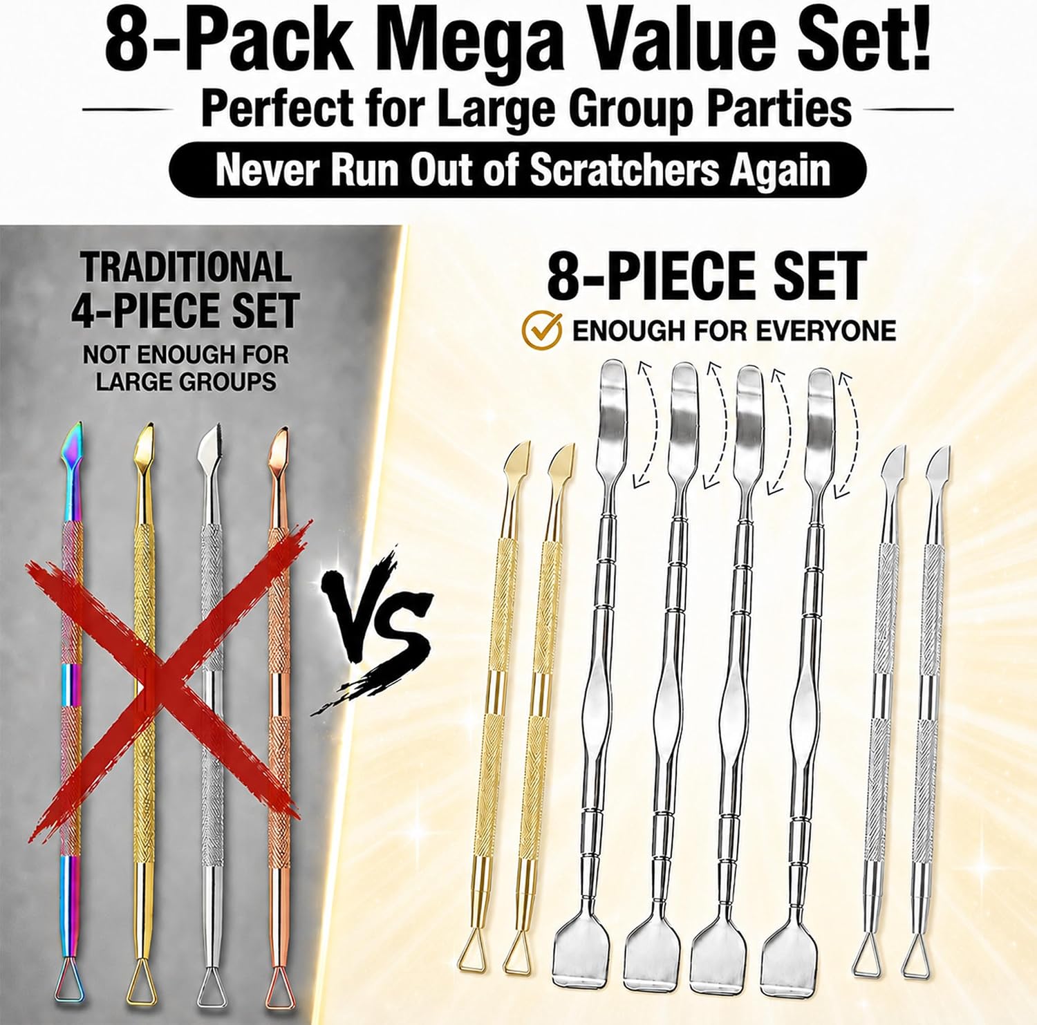 Dual-Ended Lottery Ticket Scratcher Tool, Ergonomic Grip to Prevent Hand Fatigue, Safe Sticker Removal for Party Games and Keyboard Crevice Cleaning, Gold and Silver Heavy Duty Metal, 8pcs, 5.94in