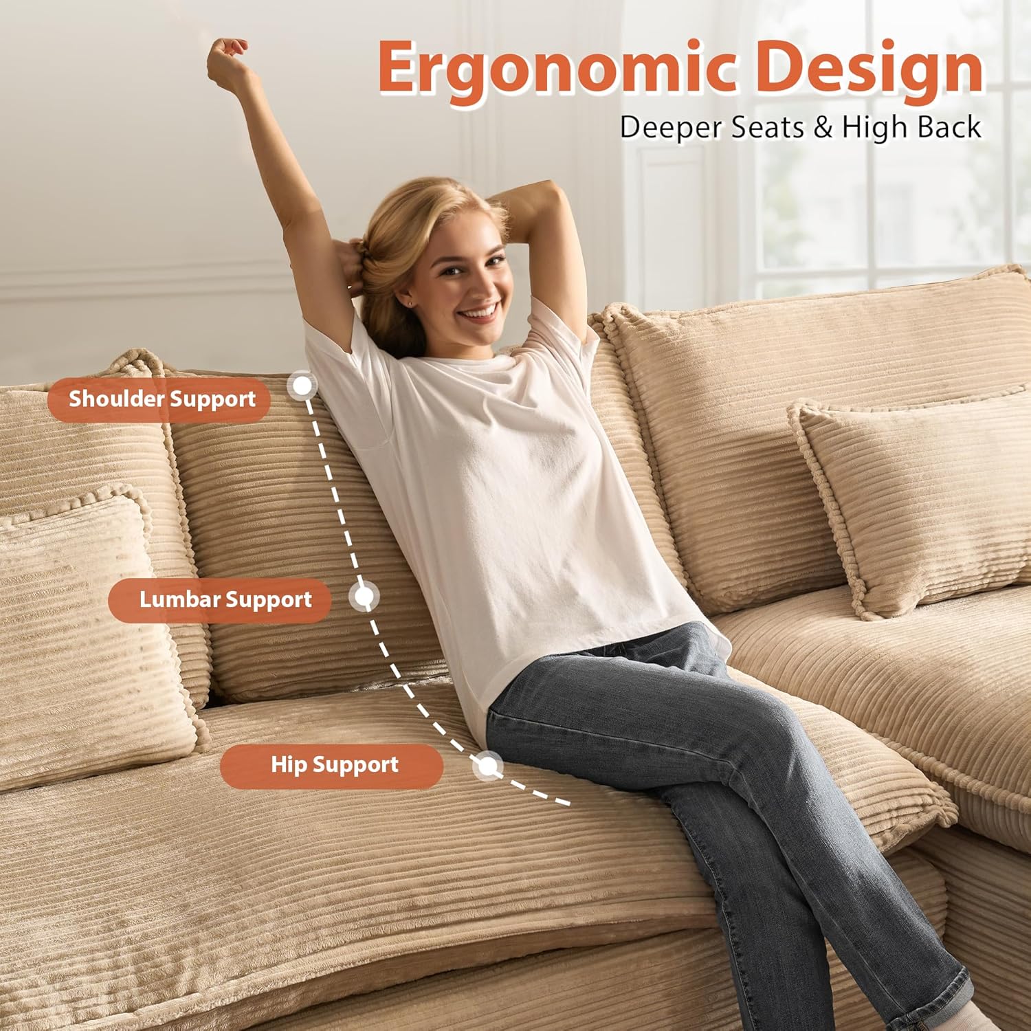 113 in Cloud Couch Sofa, Oversized Boneless Couches L Shape for Living Room, Layers Cushion Sectional Couches Assembly Free Modular Comfy Corduroy Sofa for Home Apartment (Right Chaise Sofa, Beige)