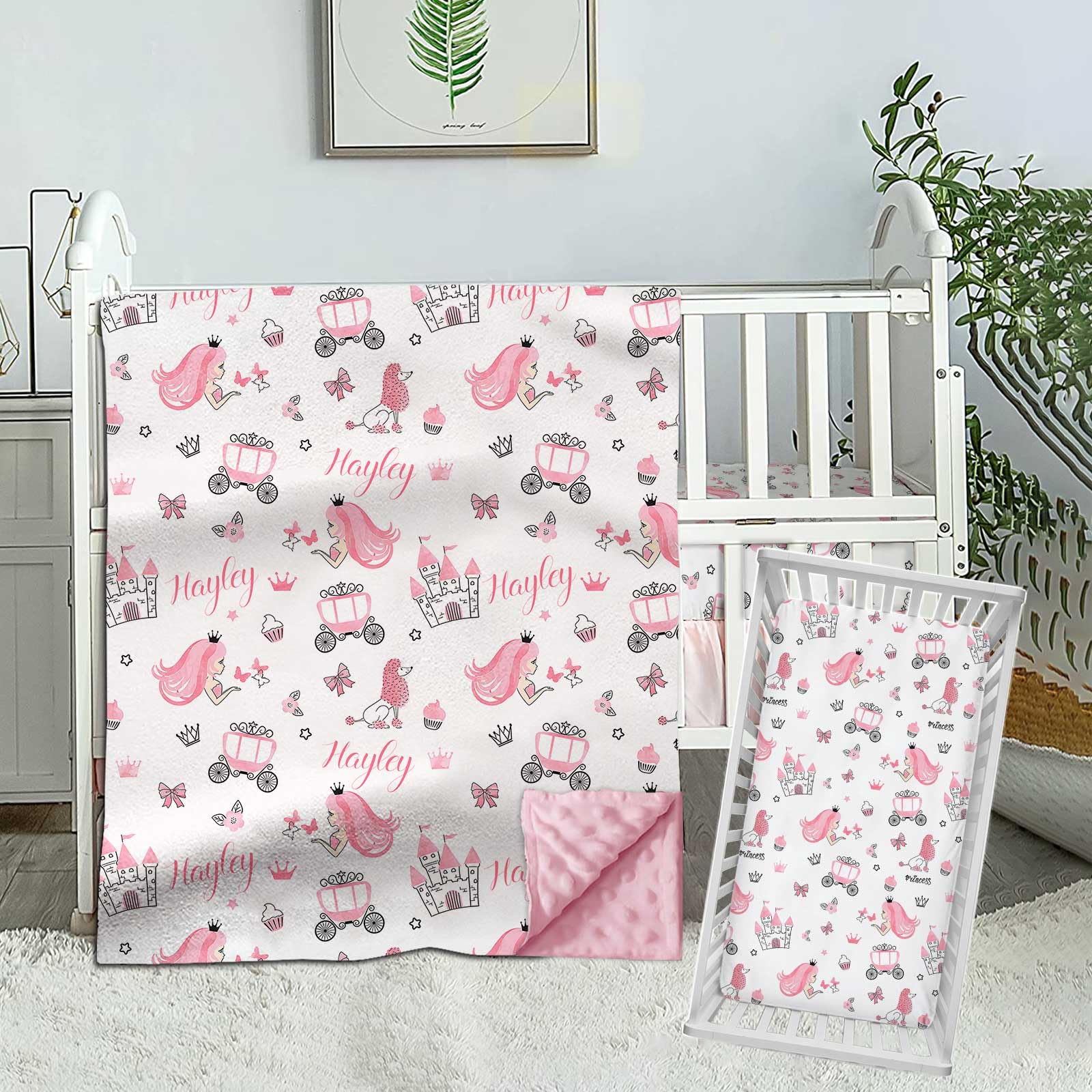 Personalized Crib Bedding Set for Baby Girls, Custom Baby Girl Crib Bedding Set with Name, Crown Pink Nursery Bedding, 2 Piece Crib Bedding Sets, Name Crib Comforter, Crib Fitted Sheets for Babies