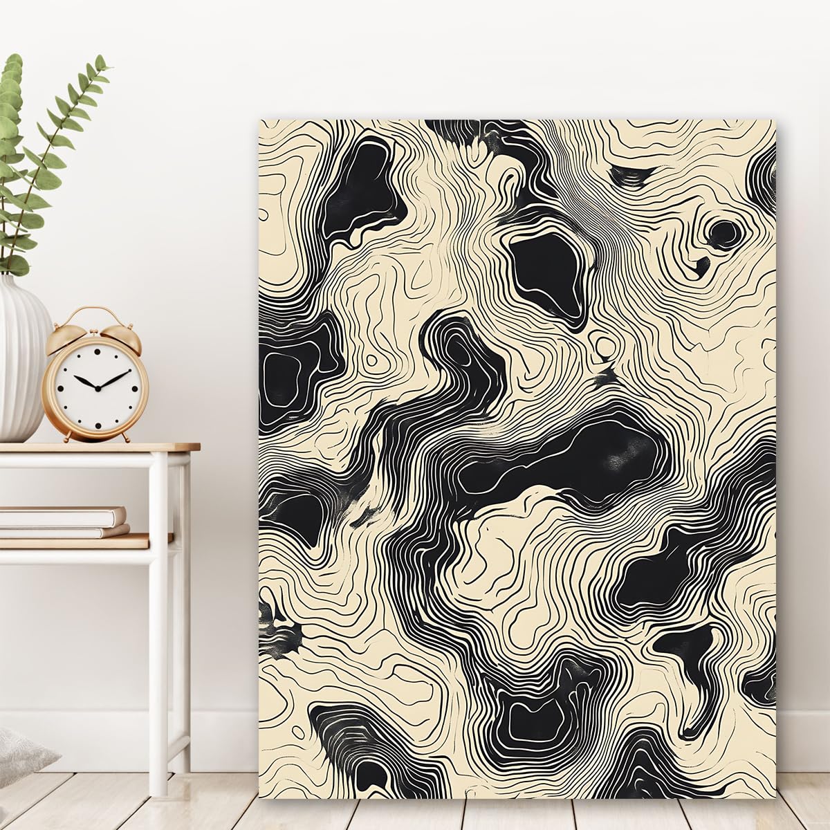 TOANGWALL Czarny Beżowy Mapa Topograficzna Płótno Sztuka ścienna Abstrakcyjne Linie Wzór Nowoczesny Minimalistyczny Zebra Fale Oprawione Mural Plakat do Salonu Biuro Wystrój korytarza 90 x 110 cm