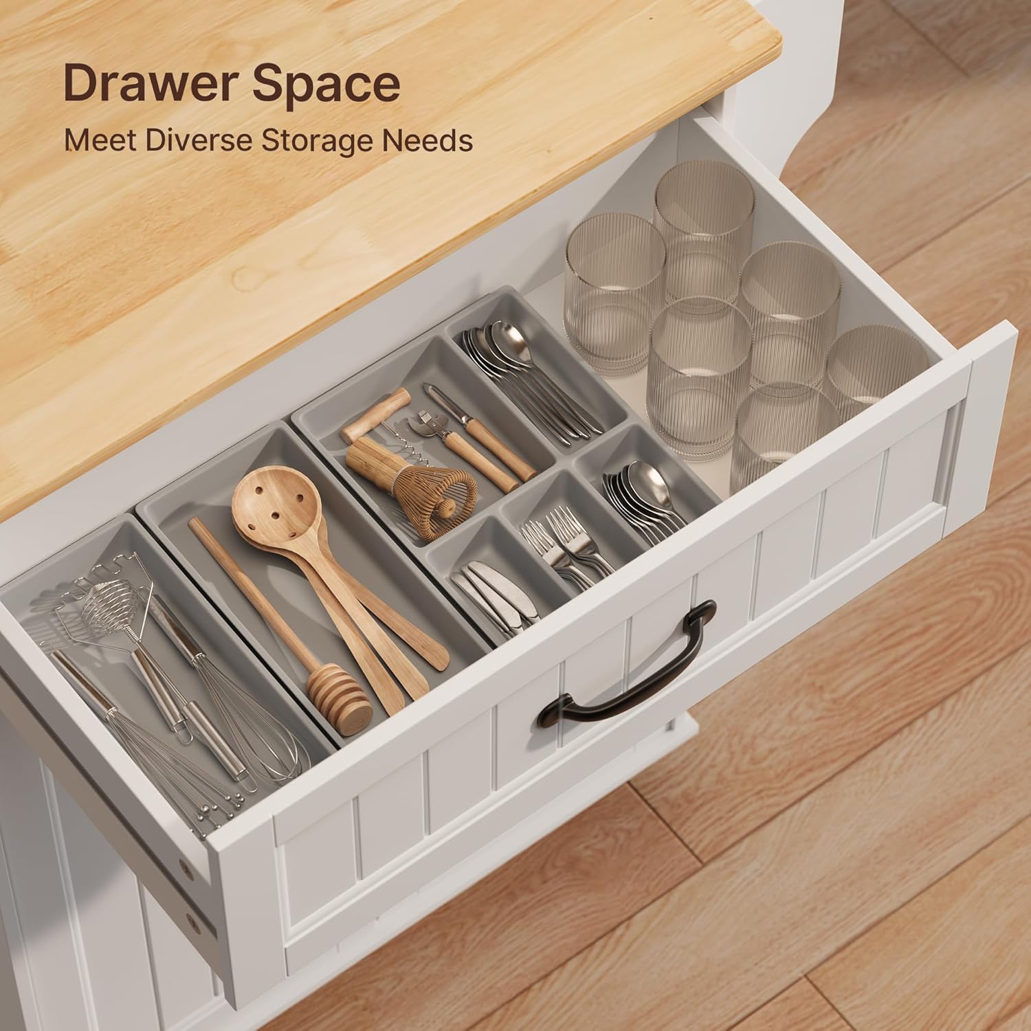 Gizoon Kitchen Island Cart with Adjustable Shelf, 33" W Mobile Trolley Cart on Metal Wheels with Drawer & Storage Cabinet, Spice Rack & Towel Rack, for Dining Room, Bar, White, Tabletop-Oak Color