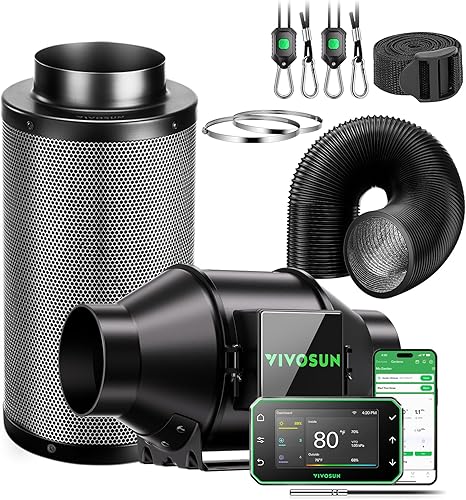 Miniatura 12 de VIVOSUN Smart Air Filtration PRO T6 Kit 6", AeroZesh T6 Ventilador de conducto en línea con GrowHub E42A+ Temp. Controlador WiFi de humedad, filtro