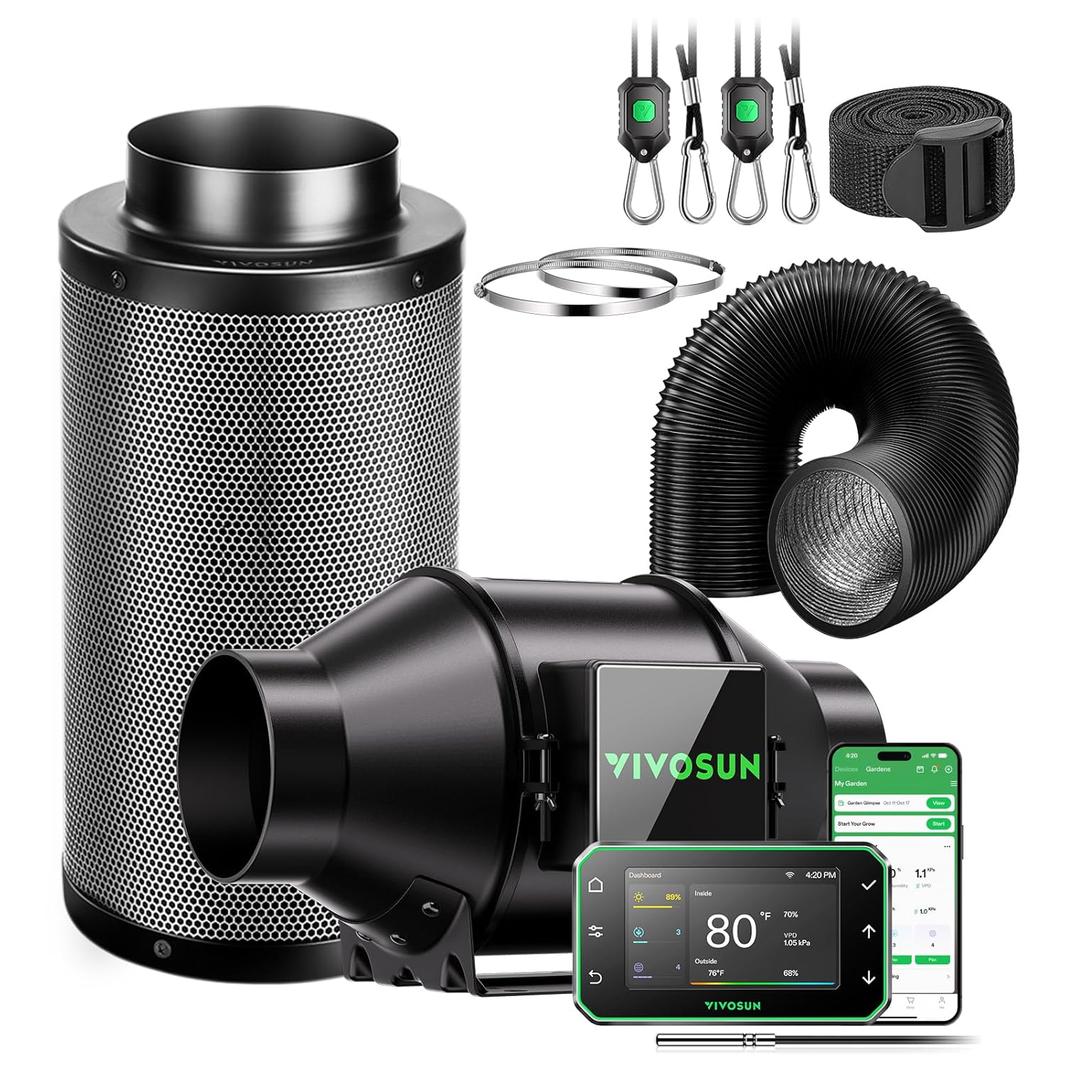 VIVOSUN Smart Air Filtration PRO G4 Kit 4 AeroZesh G4 Inline Duct Fan w GrowHub E42A Temp Humidity