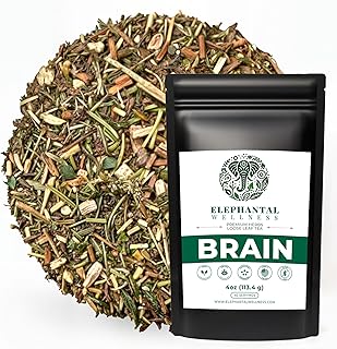 Elephantal Wellness Premium Brain Herbal Tea | Botanical Blend with Ginkgo, Bacopa, Ashwagandha & Gotu Kola | Handmade, Caffeine-Free, Non-GMO Loose Leaf Herbal Tea, 4oz Loose Leaf, 40 Servings