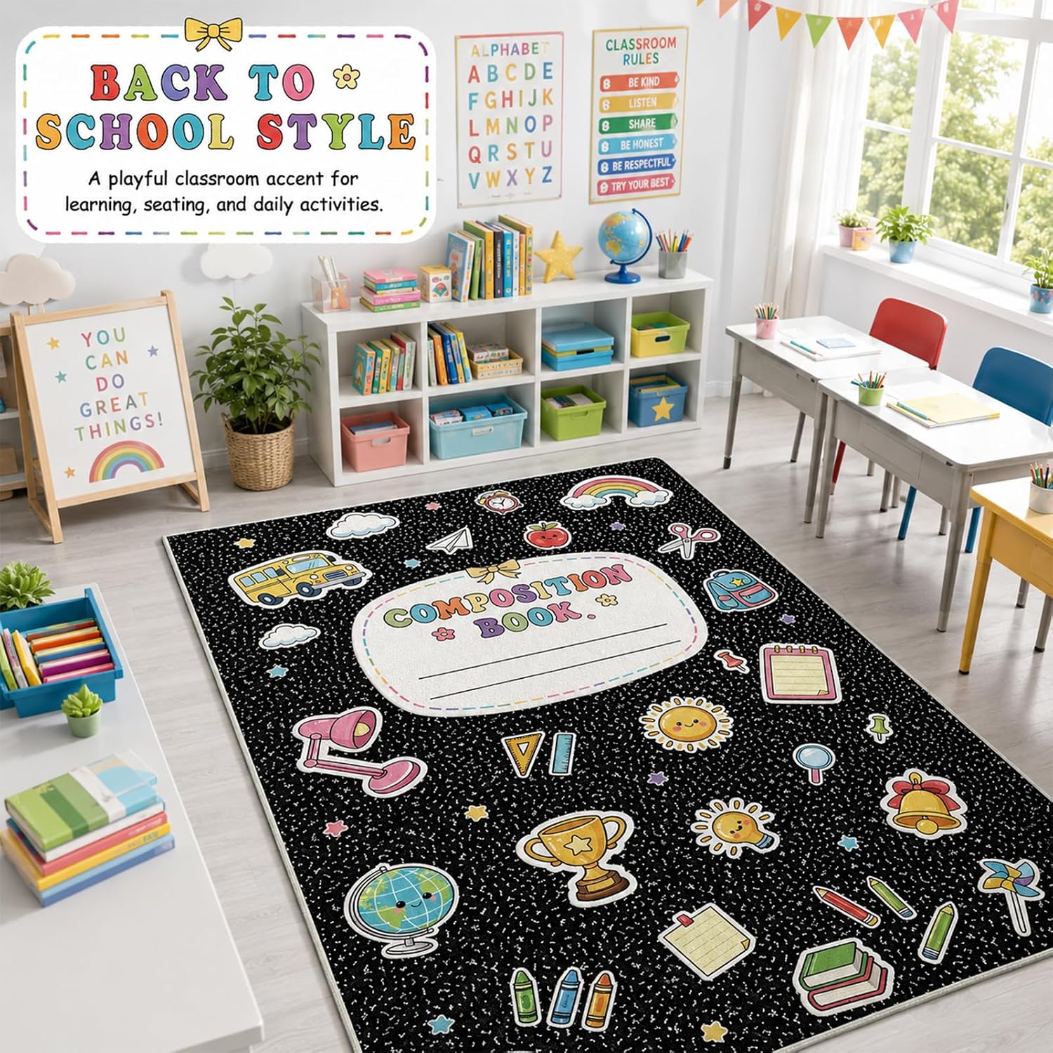 gisgfim Classroom Rugs Elementary 5x7.6ft Classroom Seating Rug Large Preschool Carpet Composition Theme Playroom Rug Seating Decor Carpet for Students Teaching Playroom Elementary(Composition)