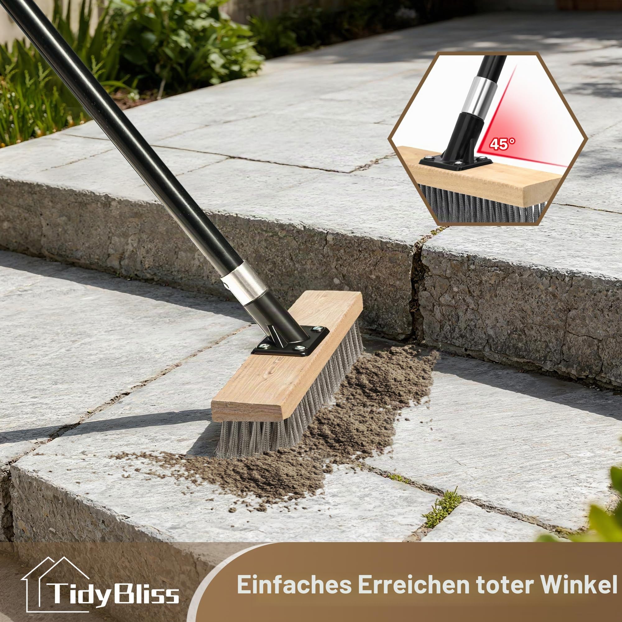 TidyBliss Drahtbesen Edelstahl mit Langer Griff, Stahlbesen Schwerlast Steif, Außenbereich Moos Entfernen für Betonböden Terrassen Gärten Innenhöfe Dächer Ziegelsteine Garagen Schwimmbäder