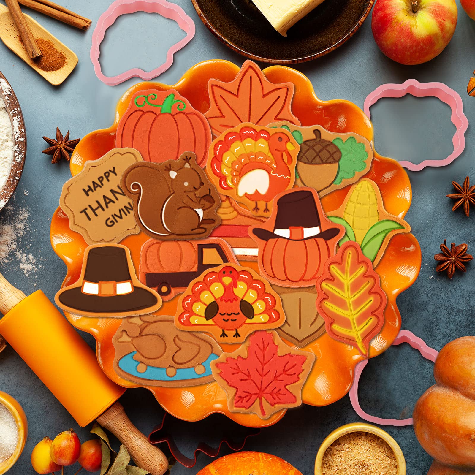 16 Stück Thanksgiving Ausstechformen Halloween mit Kolben Stempel Set Herbst 3D Keksausstecher Urlaub Gebäck Fondant Ausstechformen Form Kruste Ausstechform Prägeform (Blattstil)