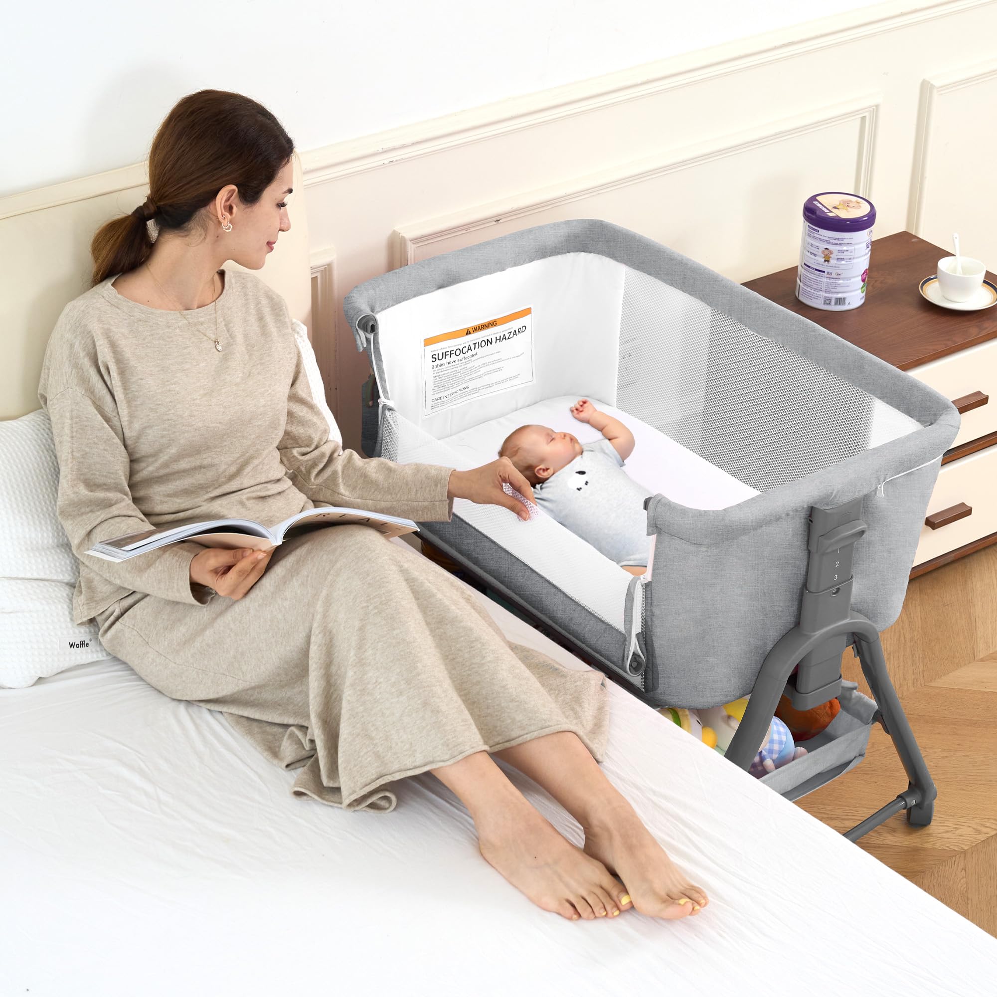 Real Relax Baby Bassinet Bedside Sleeper, 3 in 1 Bedside Rocking Bassinet for Baby with 6 Adjustable Height, Breathable Mesh Sides & Mattress, Storage