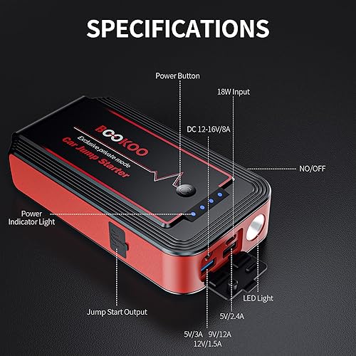 Miniatura 6 de BOOKOO - Batería de arranque de pico de 3000 A, caja de salto de 12 V para batería de automóvil de hasta 8 L de gasolina o 6.5 L de motor diésel con