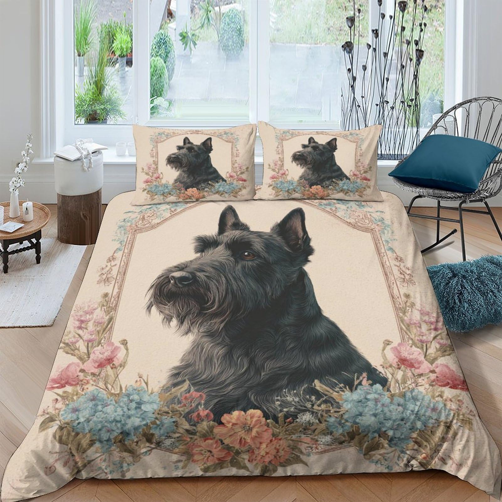 Ctjqhvkz Style-3 3D Printed Black Scottish Terrier Fitted Sheet Microfiber Floral Bed Cover For Bedroom Guest Room Decor Easy Care Single（135X200cm）