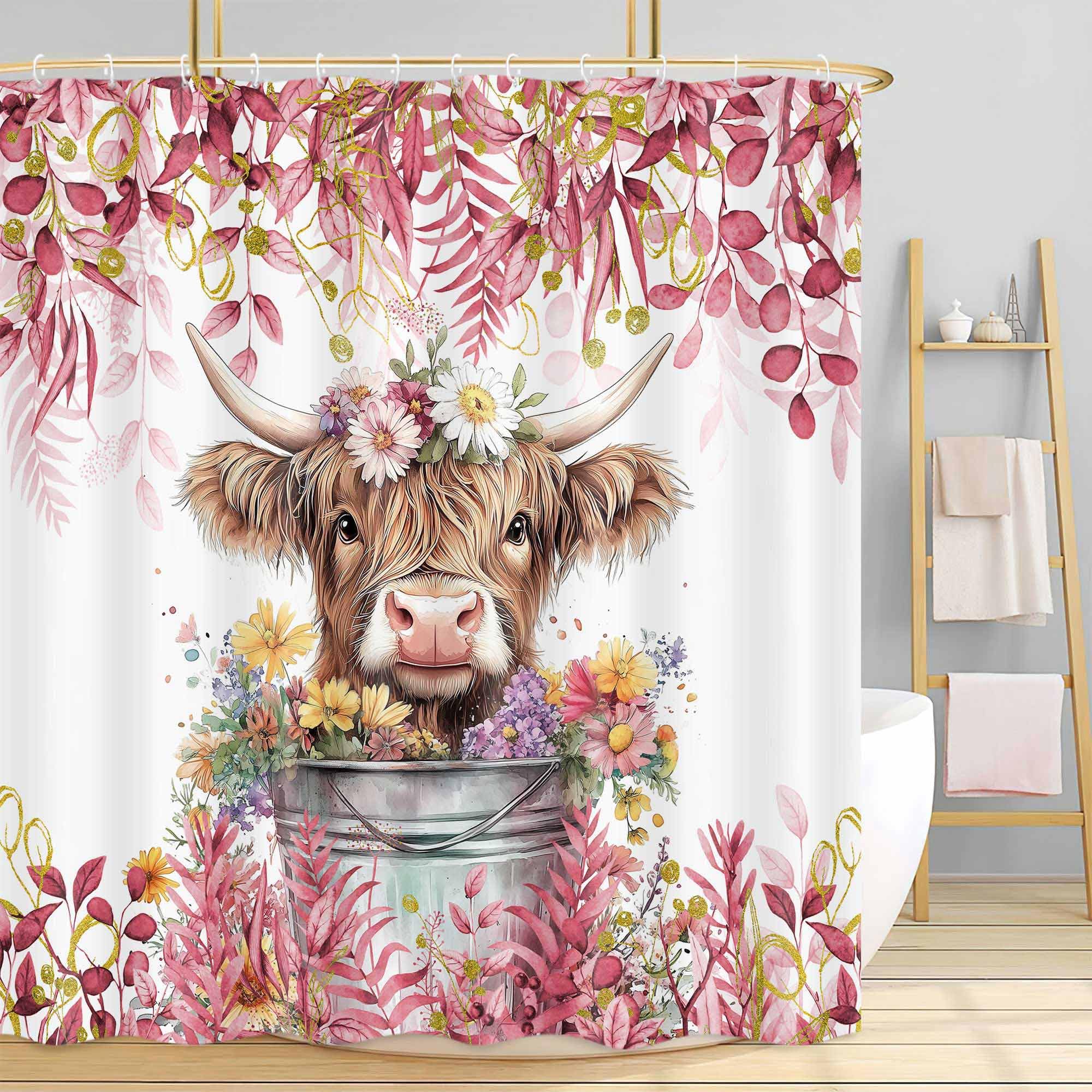 Mtsxfy Pink Shower Curtain, Boho Plant Eucalyptus Leaves Floral Funny Highland Cow Bath Curtain, Farmhouse Animals Bathroom Accessories Botanical for Bathroom Curtain Set with Hooks, 60X70in — image 1