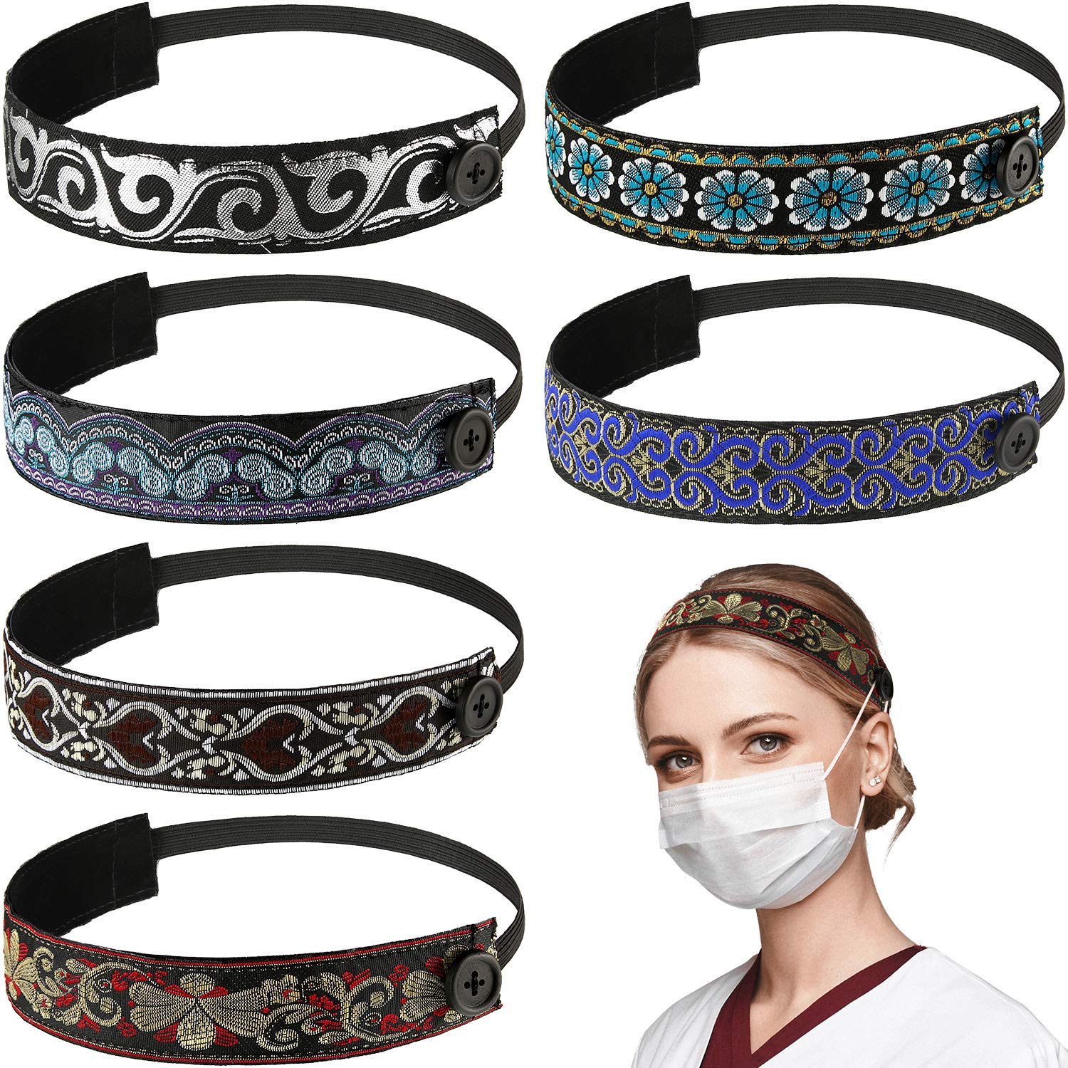 6 Pieces Headbands with Buttons for Facecover, Nurse Headbands for Women Non-slip Velvet-lined Hairband Boho Headband, Elastic Adjustable Headband Fabric Sports Yoga Headband