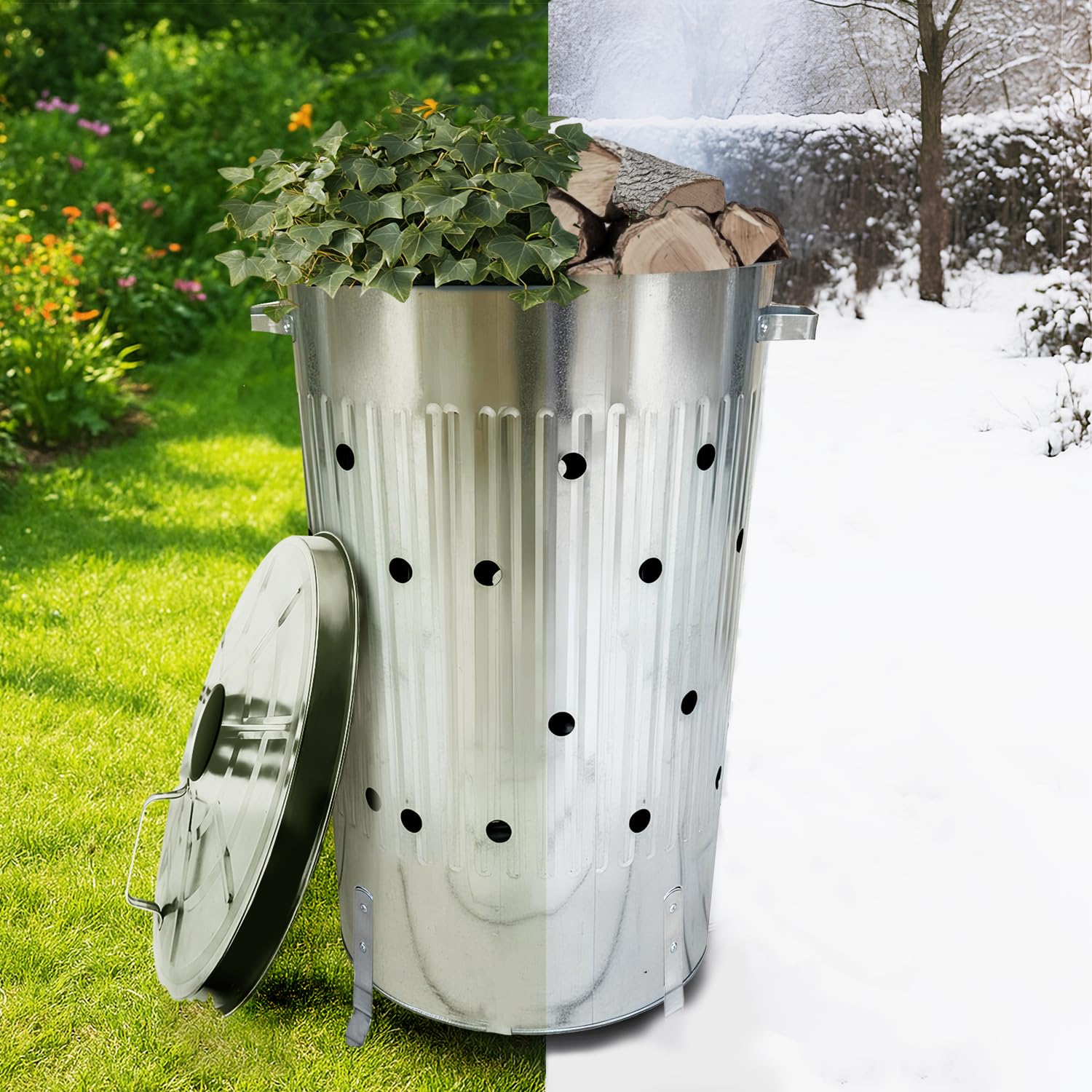 Composteur De Jardin en Métal 100L Réels - Poubelle Exterieure – Poubelle De Jardin – Compost - Acier Galvanisé - Gants Inclus