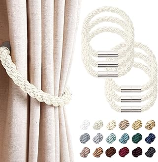 NICEEC 6 Pack Strong Magnetic Curtain Tiebacks Modern Simple Style Drape Tie Backs Convenient Decorative Weave Rope Curtain Holdbacks for Thin or Thick Home & Office Window Draperies (Creamy-White)