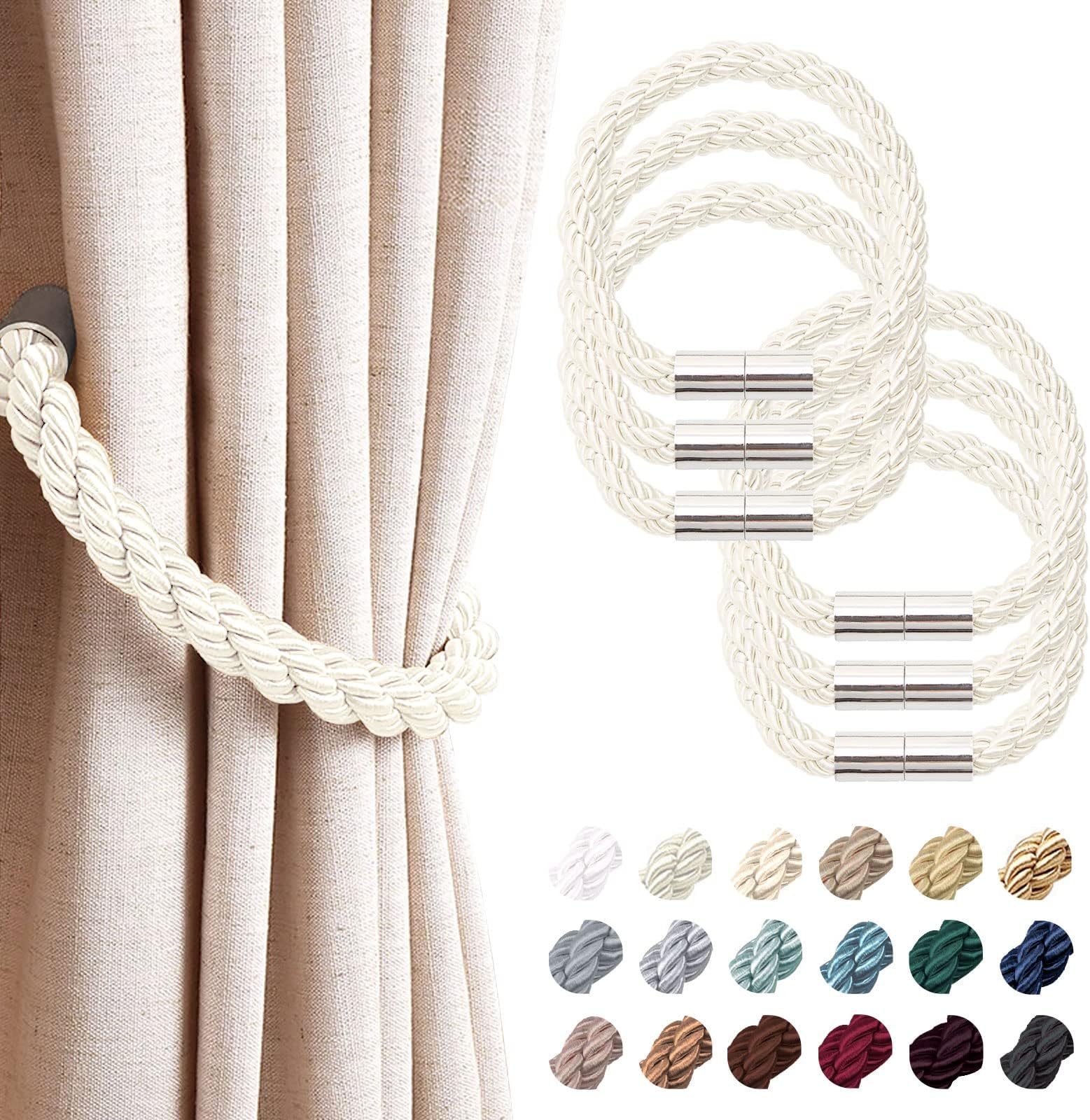 NICEEC 6 Pack Strong Magnetic Curtain Tiebacks Modern Simple Style Drape Tie Backs Convenient Decorative Weave Rope Curtain Holdbacks for Thin or Thick Home & Office Window Draperies (Creamy-White)