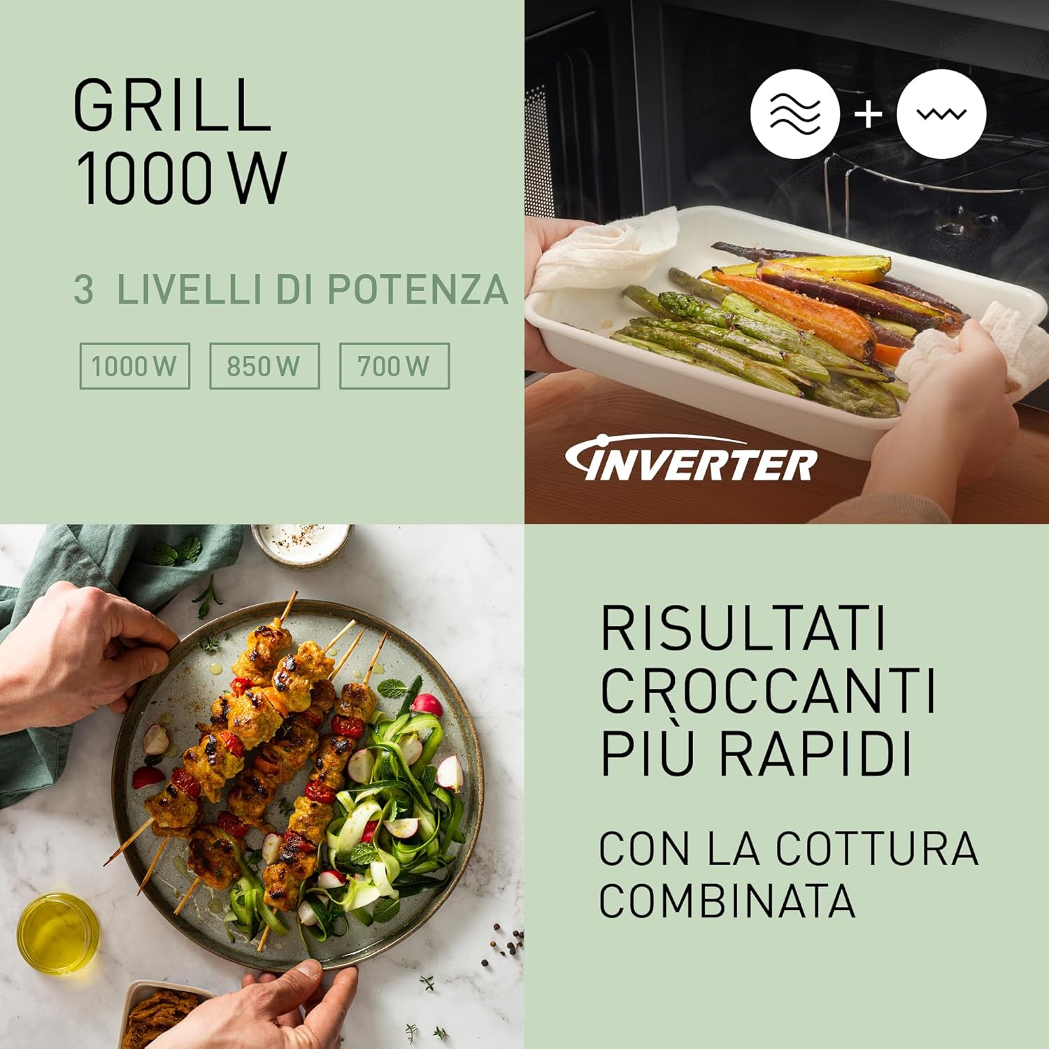 Grill 1000W with 3 power levels and combined cooking for crispy results