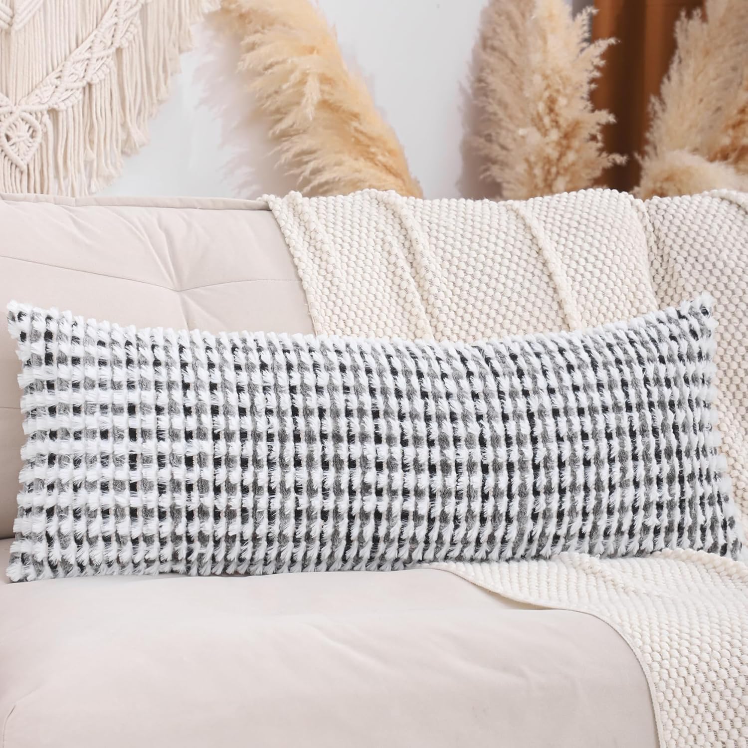 LUOYEHK Boho Throw Pillow Covers 14x36 Inch Chenille Tufted Pillowcase Farmhouse Neutral Cushion Covers for Couch Sofa Bed Living Room, Black Gray (1 Piece)