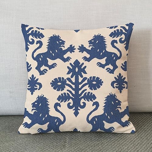 Miniatura 2 de Funda de almohada europea de león regalia azul marino y beige con estampado de animales chinoiserie, funda de cojín asiática de 18 x 18 pulgadas,