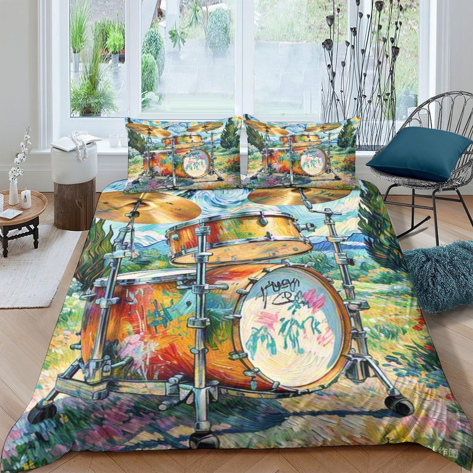 Parure de lit imprimée 3D tambour housse de couette microfibre 220x240 pour lit ado et enfant