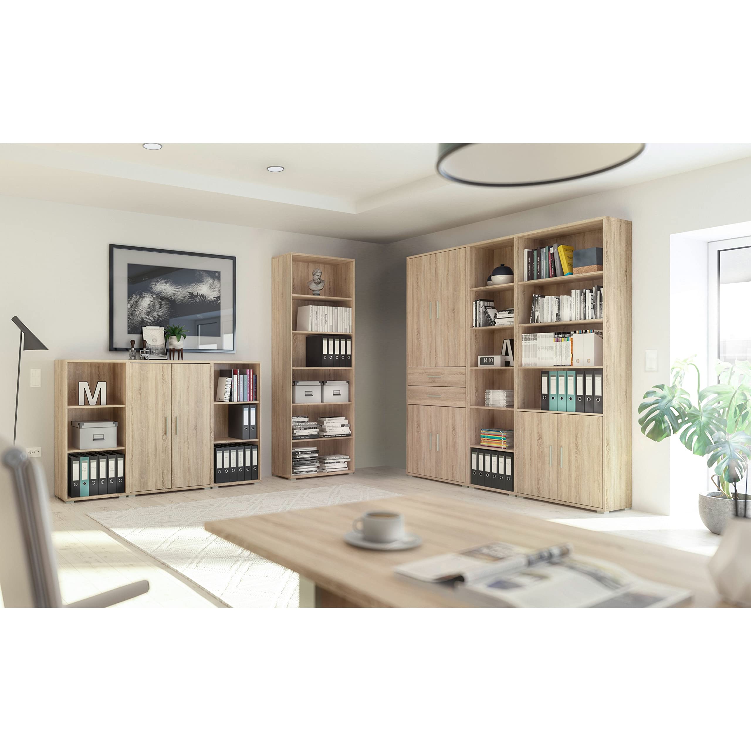 Stella Trading OFFICE LINE, Libreria archivio in simil rovere Sonoma, libreria larga a 2 ante e con 6 vani a giorno, set completo di mobili elegantei per l’ufficio, 184 x 114 x 35 cm (L x A x P)