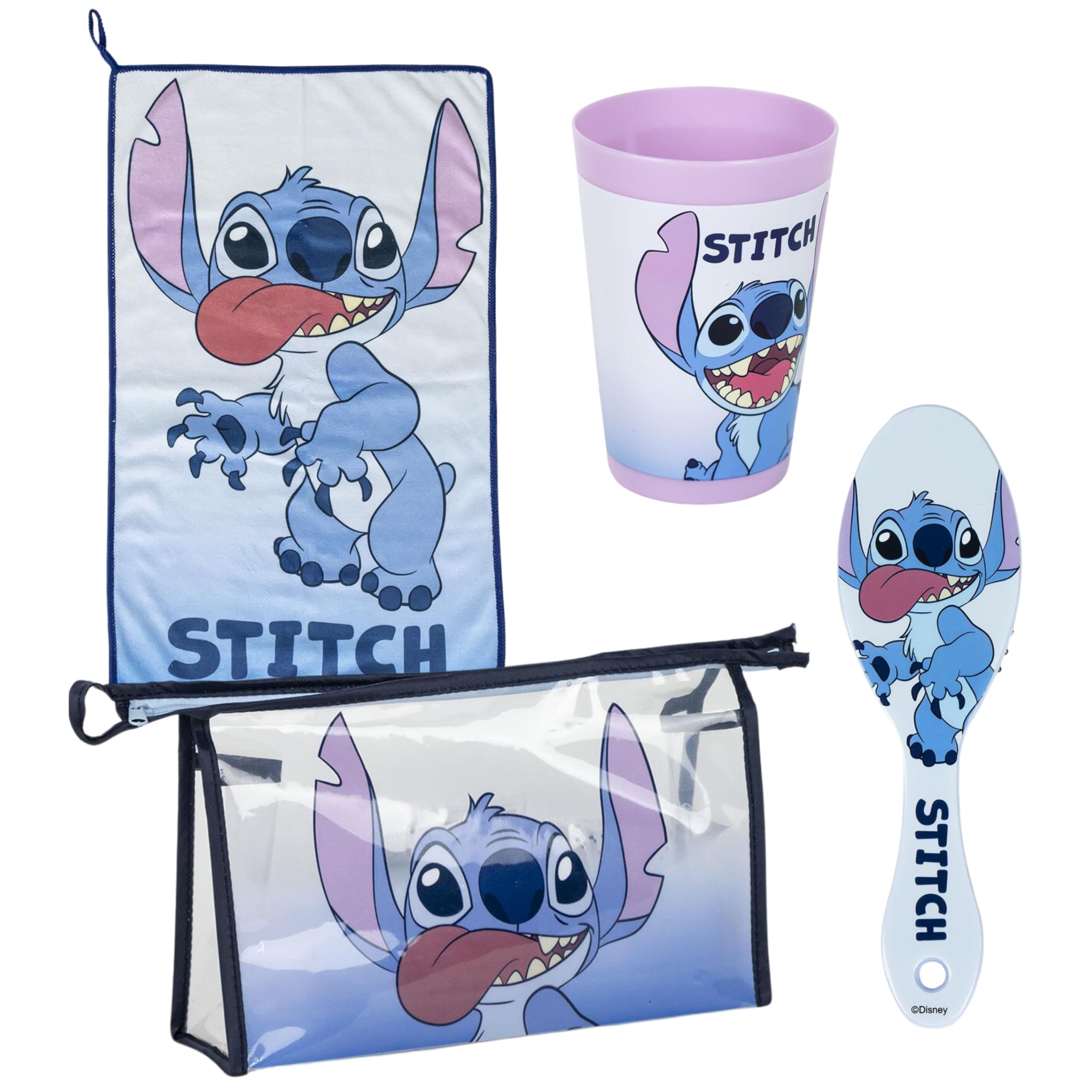 Disney Stitch Neceser para Niñas, Incluye Vaso, Cepillo para el Pelo, Toalla y Bolsa de Aseo Infantil Diseño Stitch Regalo para Niñas