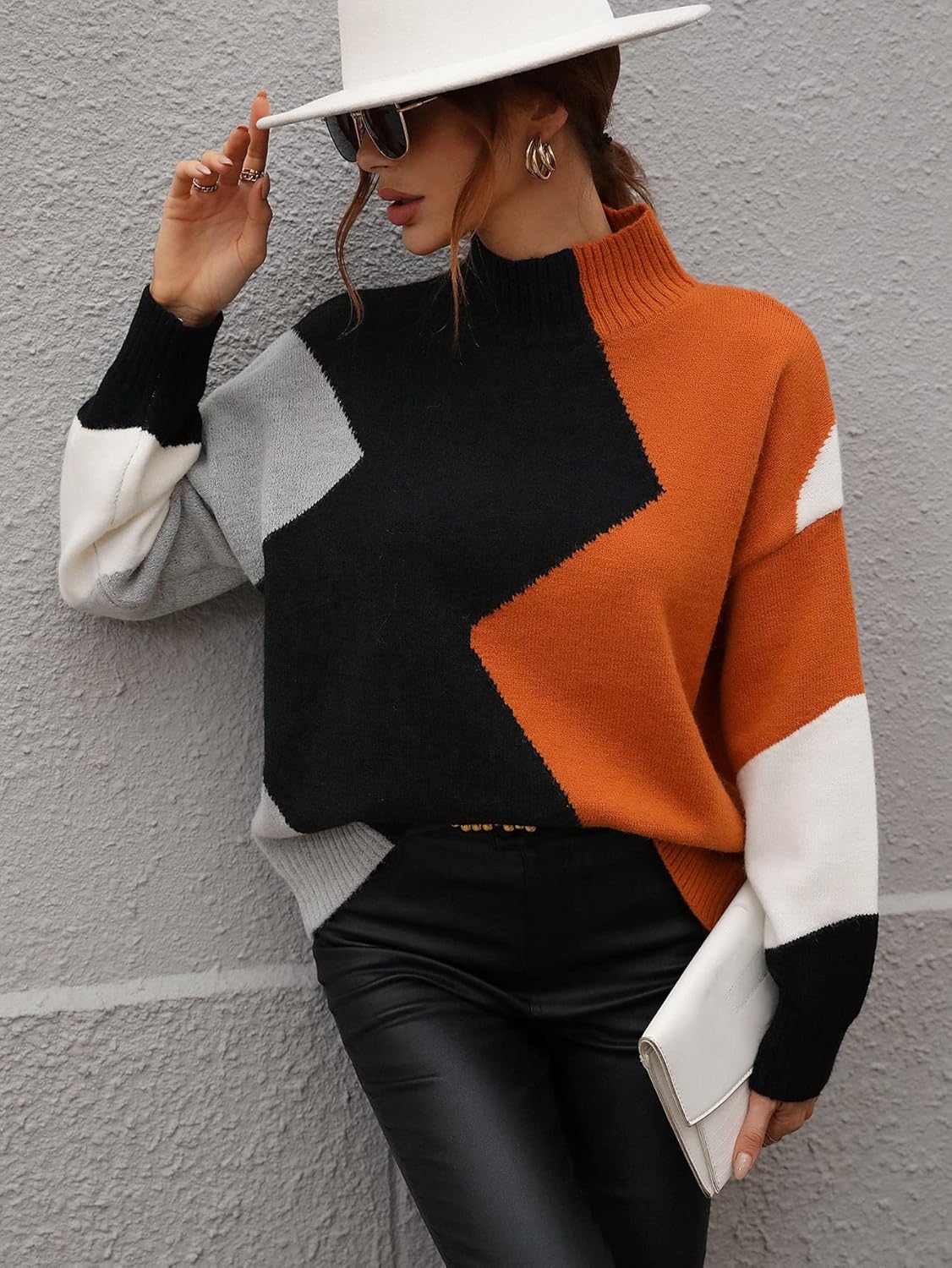 Women's Sweater Colorblock High Neck Drop Shoulder Sweater Sweater for Women (Color : Multicolor, Size : Medium)