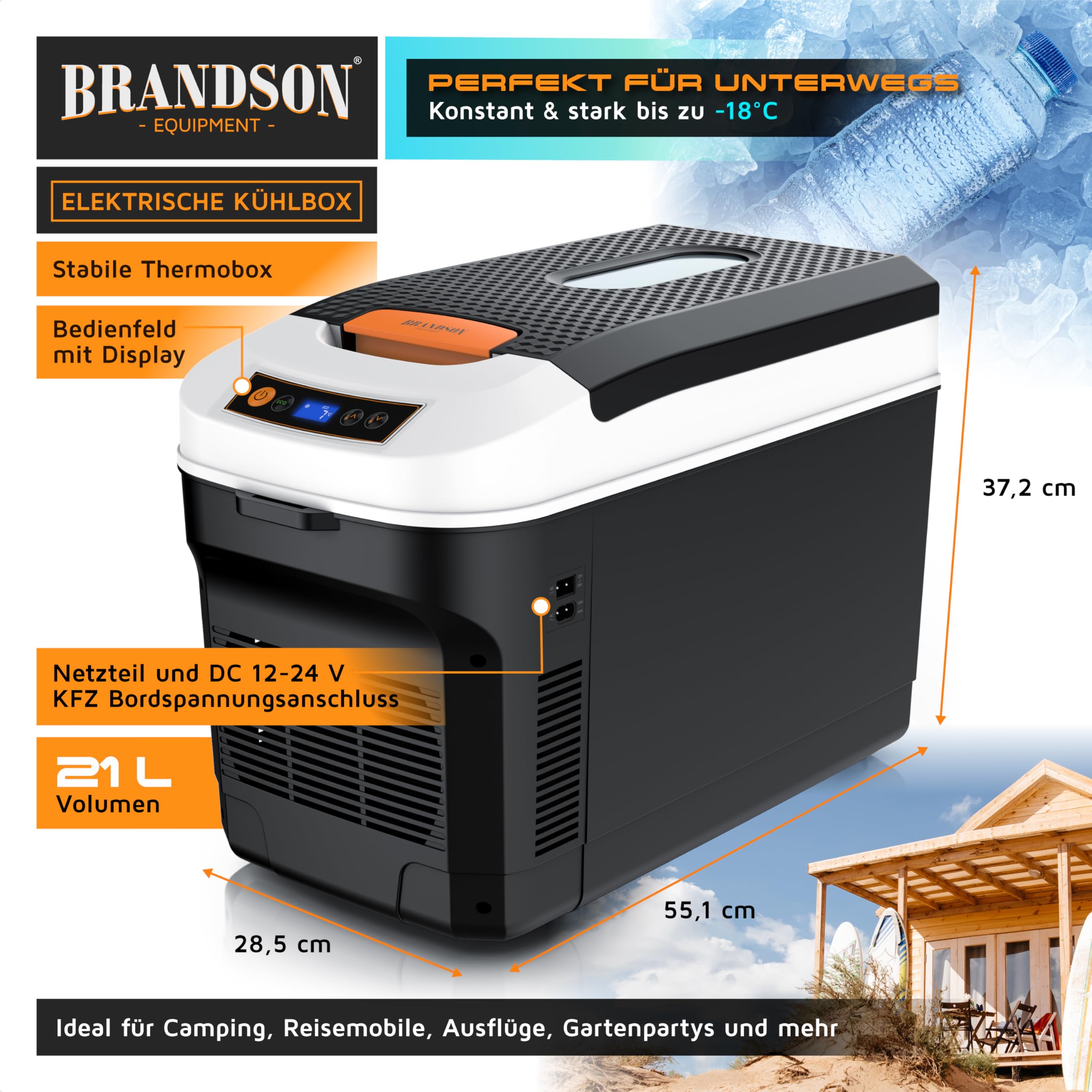 Brandson - Kühlbox 21L elektrisch – 230 V Netzspannung und 12 V KFZ Bordspannung – kühlt und wärmt – extra leiser ECO Modus – Herabkühlen ca 20°C unter der Umgebungstemperatur - Auto Wohnmobil Boot
