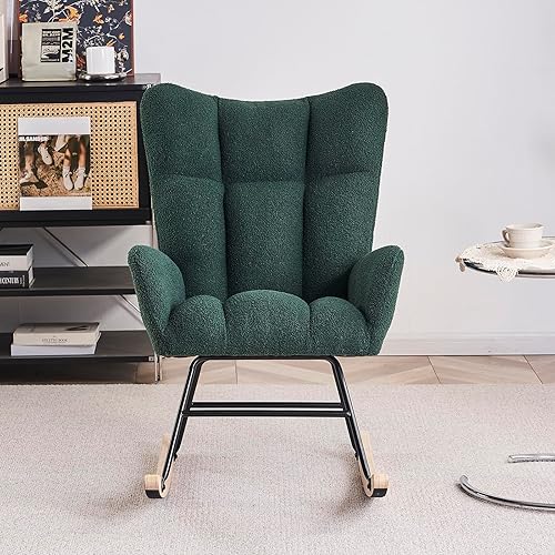 Miniatura 4 de Mecedora para guardería, mecedora tapizada de tela de peluche con respaldo alto, reposabrazos y base segura de madera maciza, silla de enfermería