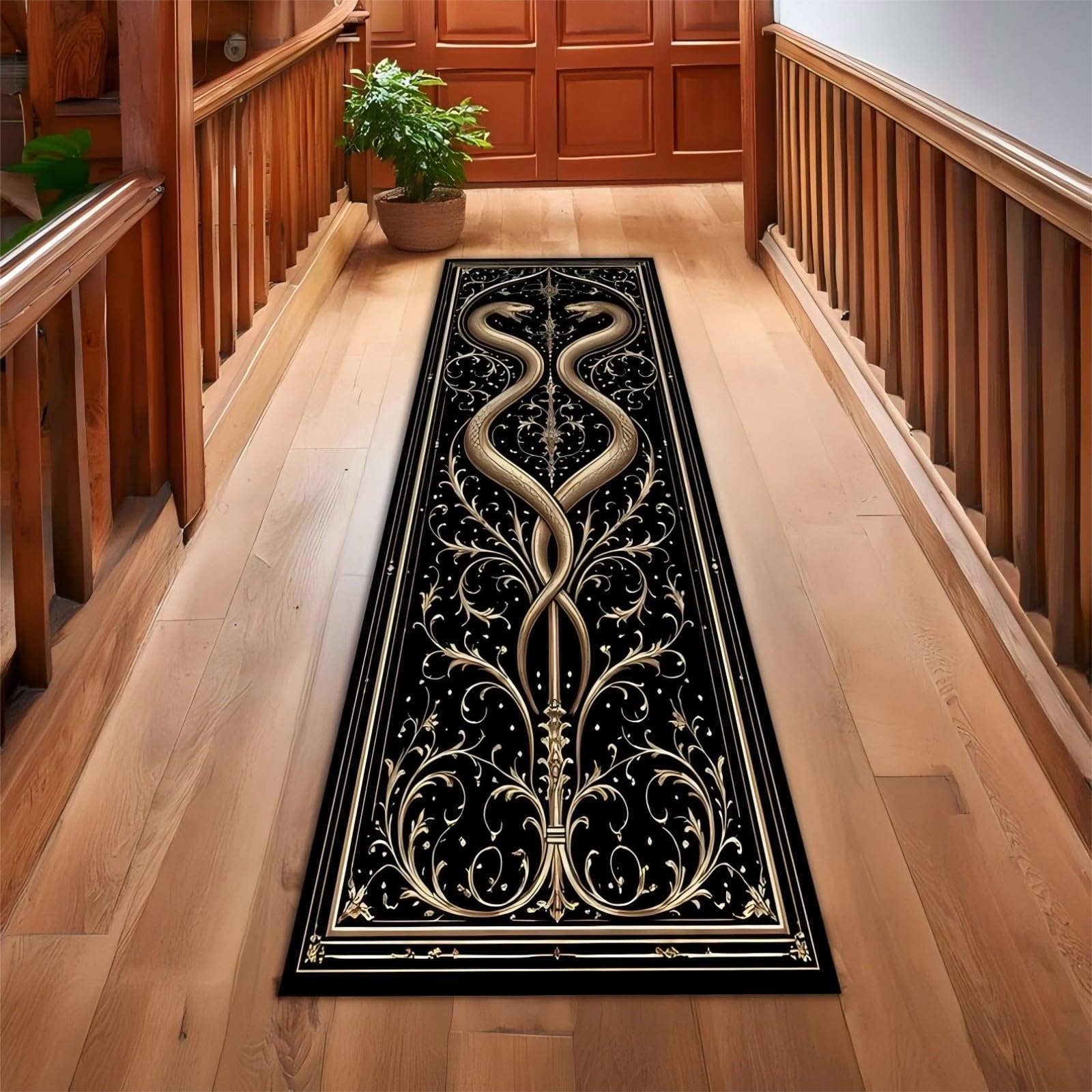 RICAUOU Animal Snake Runner Rug, 120x360cm Bohemian Style Retro Antique Floral Washable Kitchen Runner Rugs, Soft Gothic Black Carpet Mat for Living Room, Bedroom and Bedside Decoration