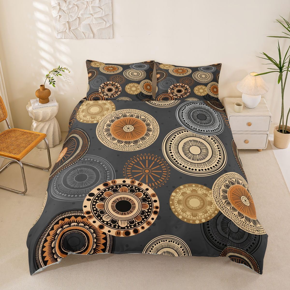 Bohemian Flowers Duvet Cover Set Women Mandala Bed Linen Set 135 x 200 cm Exotic Ethnic Flowers and Geometric Circle Microfibre Bed Linen Set with 1 Pillowcase