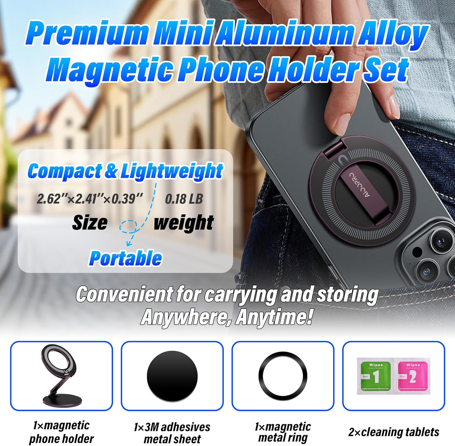 Double Magnetic Ring Phone Holder, Strong Dual-Sided Magnet Mount for iPhone, Android & MagSafe Cases, Iron Surface Compatible