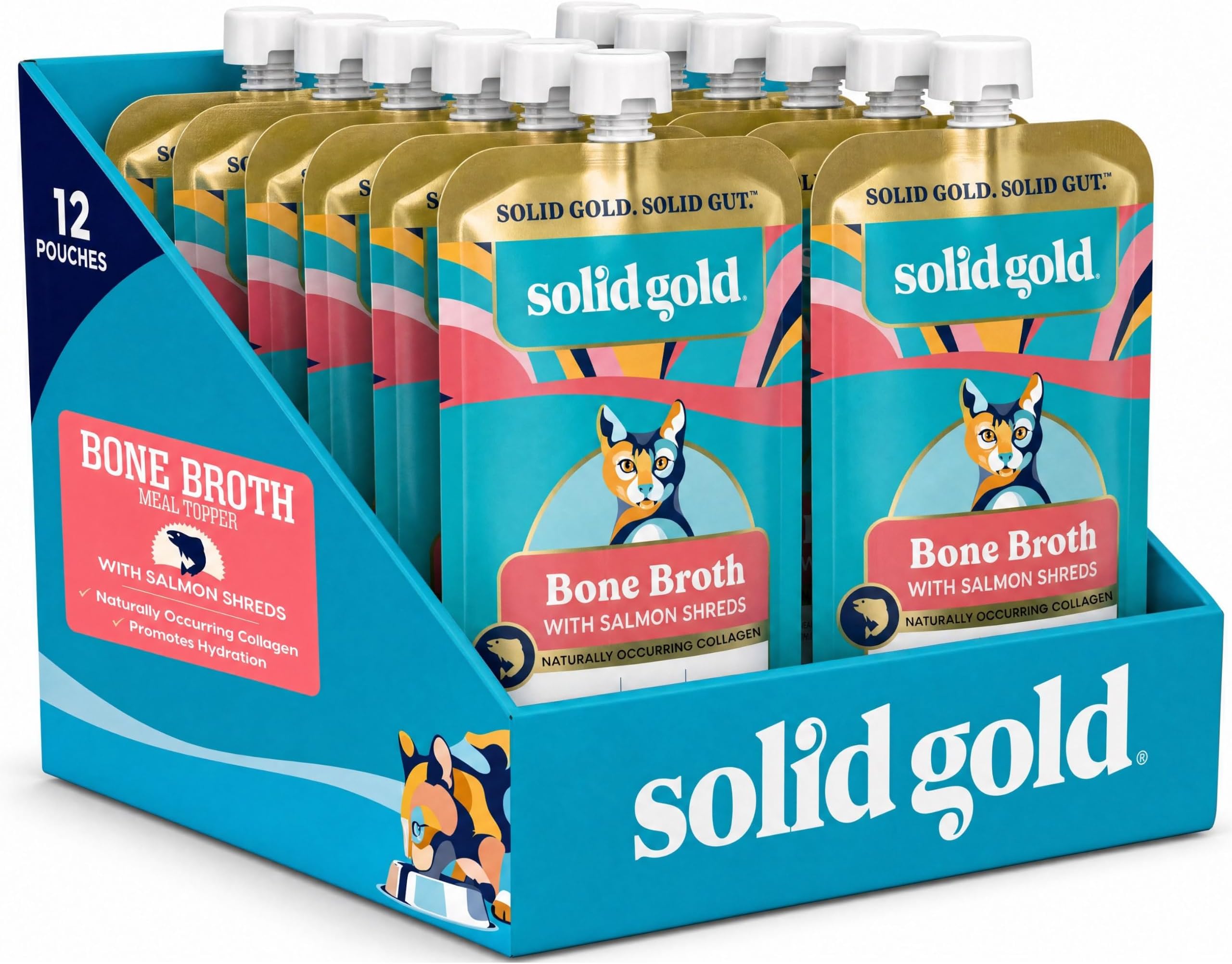 Solid Gold Bone Broth Cat Food Topper - Limited Ingredient Lickable Cat Broth Pouches w/Salmon Protein Shreds & Collagen for Hydration & Gut Support - Easy to Serve Gravy for Cats Meal Topper - 12ct